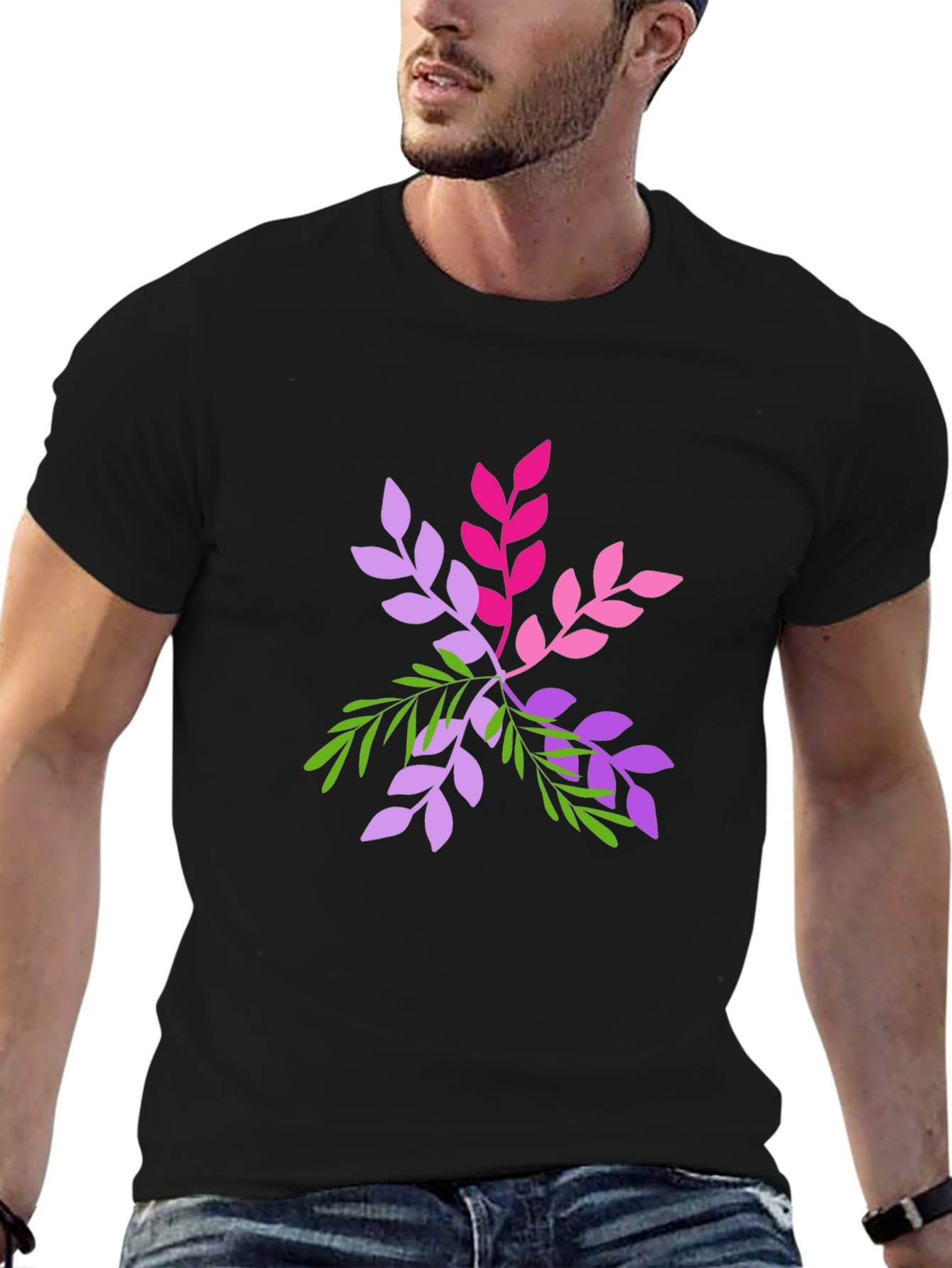 Leaf Design Black T-Shirt - Casual Wear