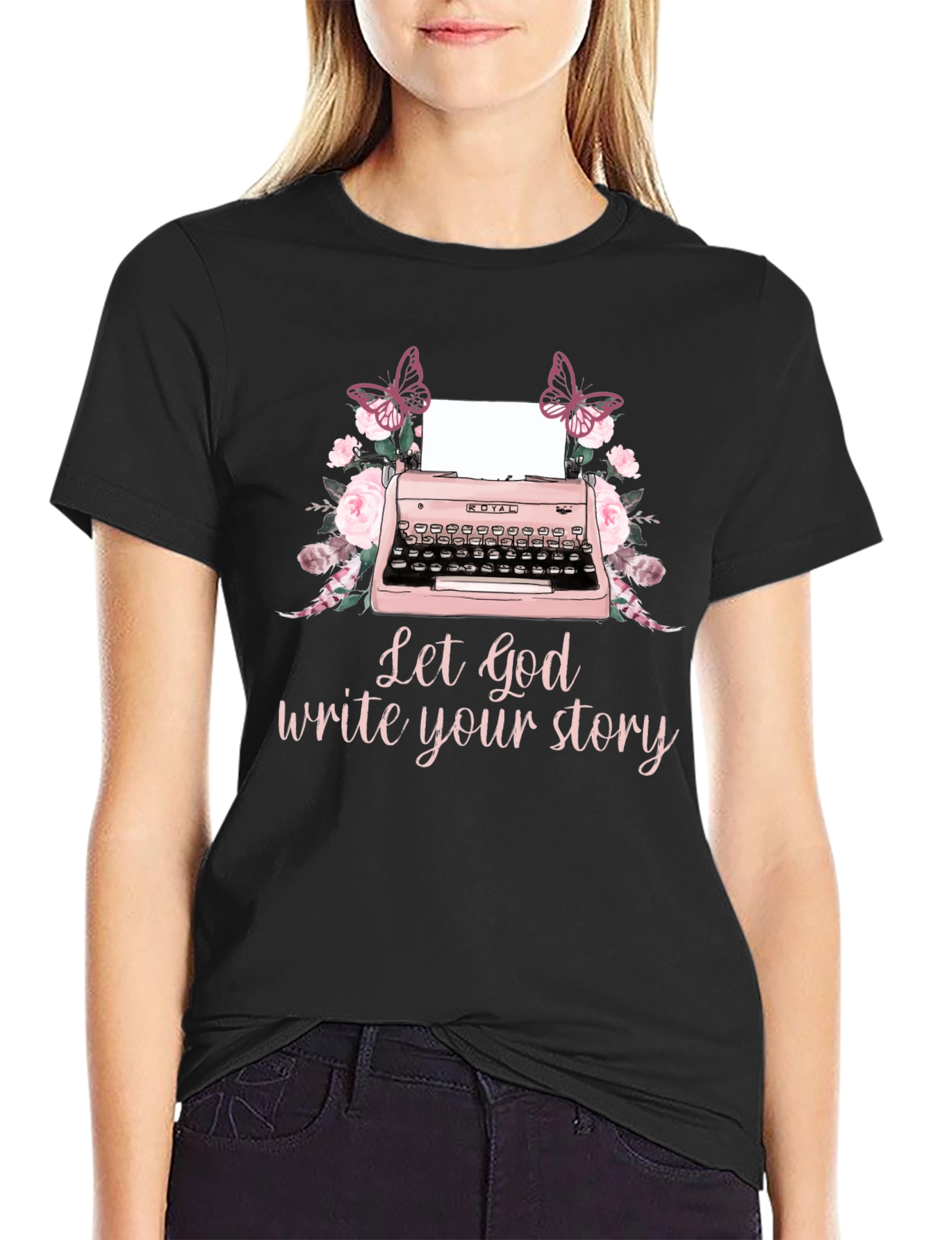 Floral Typewriter T-Shirt - Let God Write Your Story