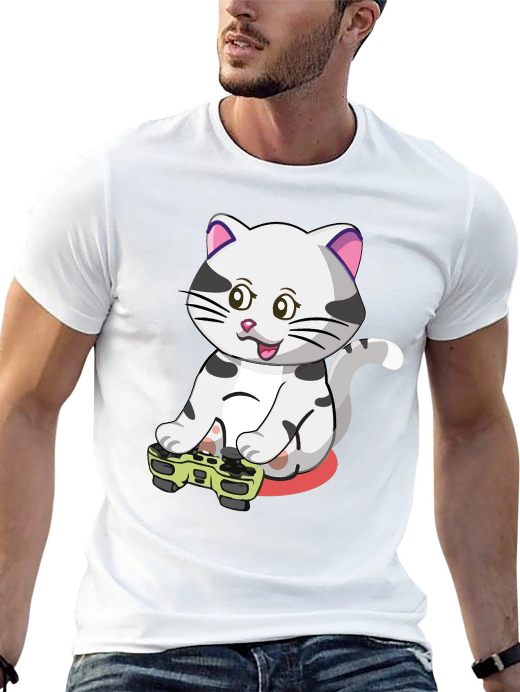 Gamer Cat Graphic Tee - Black Cotton T-Shirt