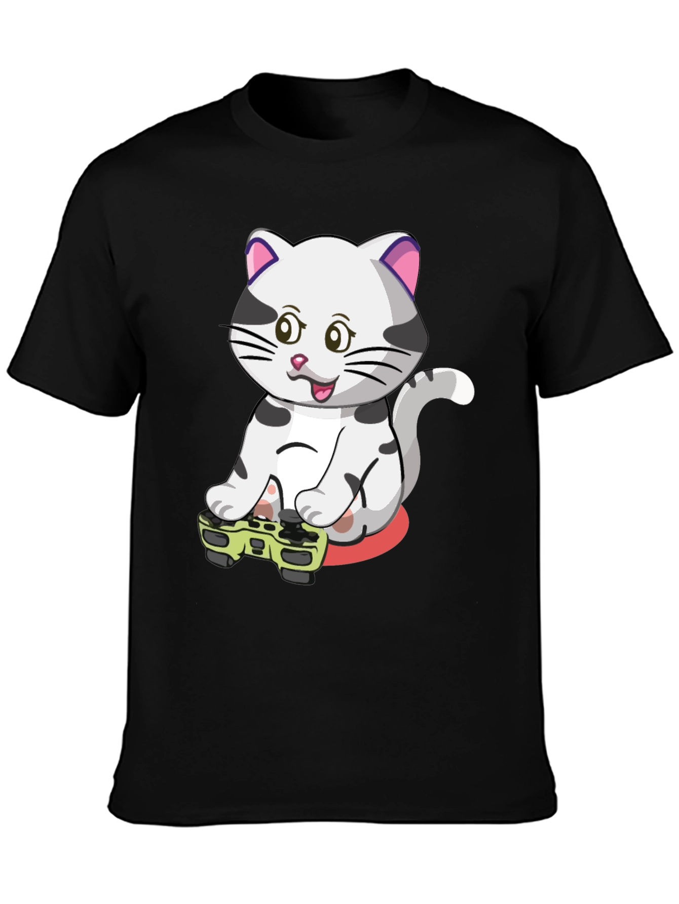 Gamer Cat Graphic Tee - Black Cotton T-Shirt