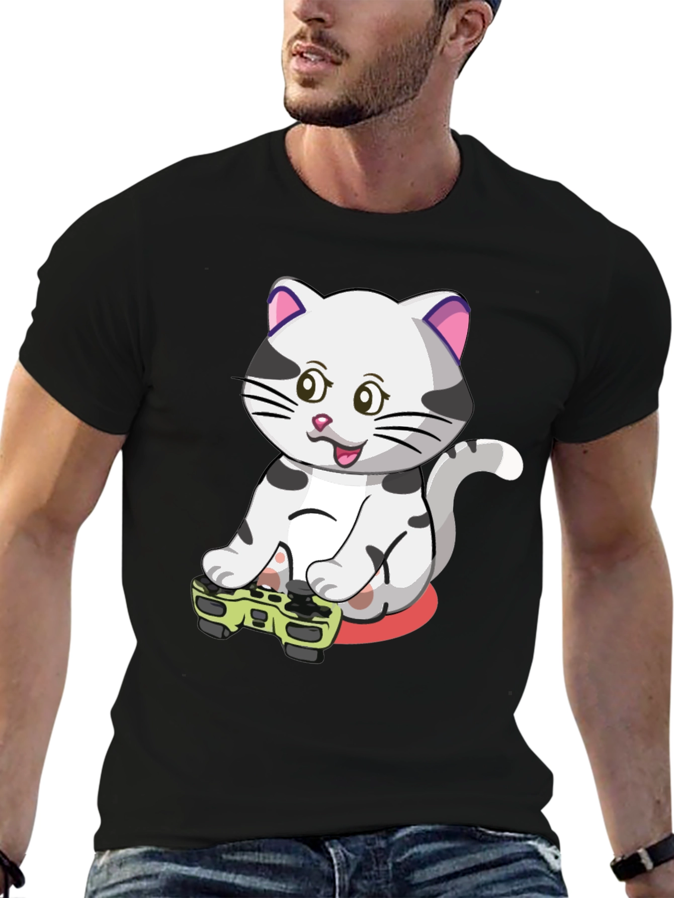Gamer Cat Graphic Tee - Black Cotton T-Shirt