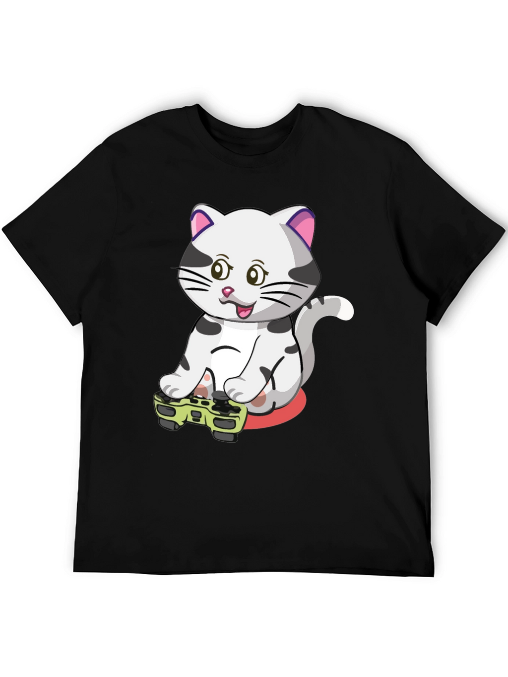 Gamer Cat Graphic Tee - Black Cotton T-Shirt