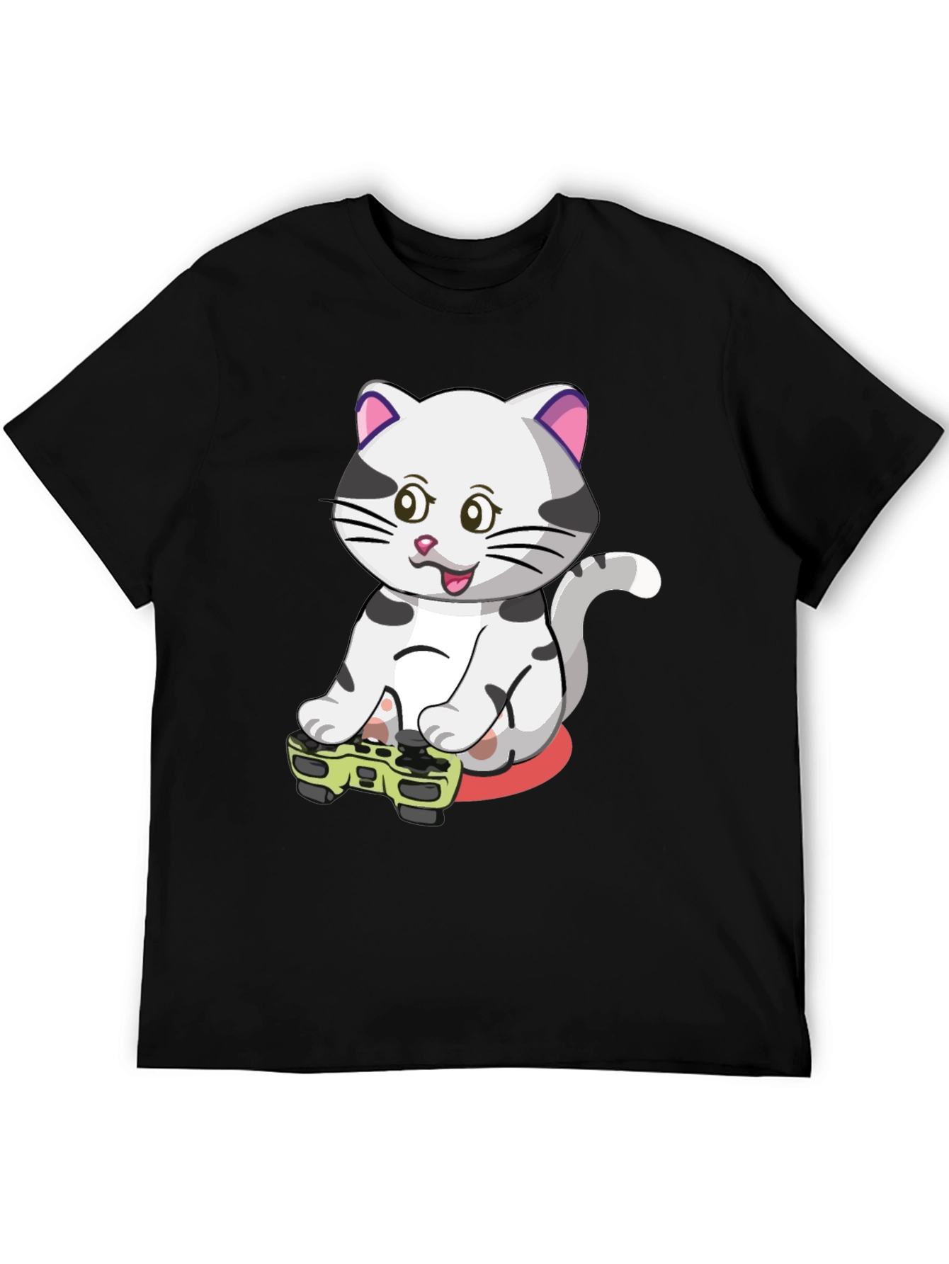Gamer Cat Graphic Tee - Black Cotton T-Shirt