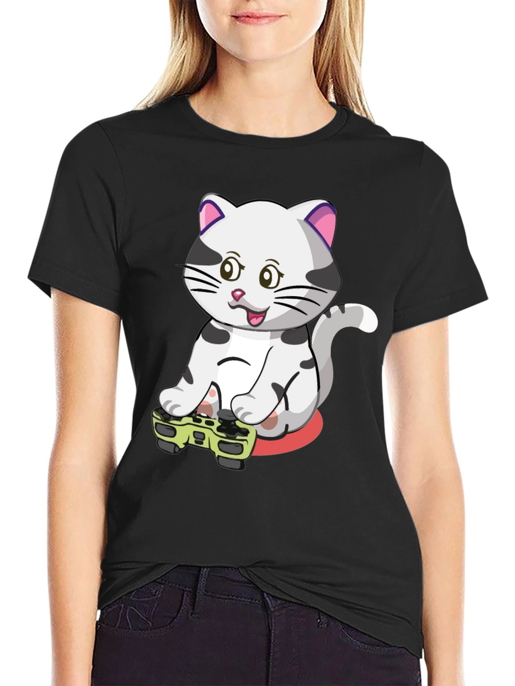 Gamer Cat Graphic Tee - Black Cotton T-Shirt