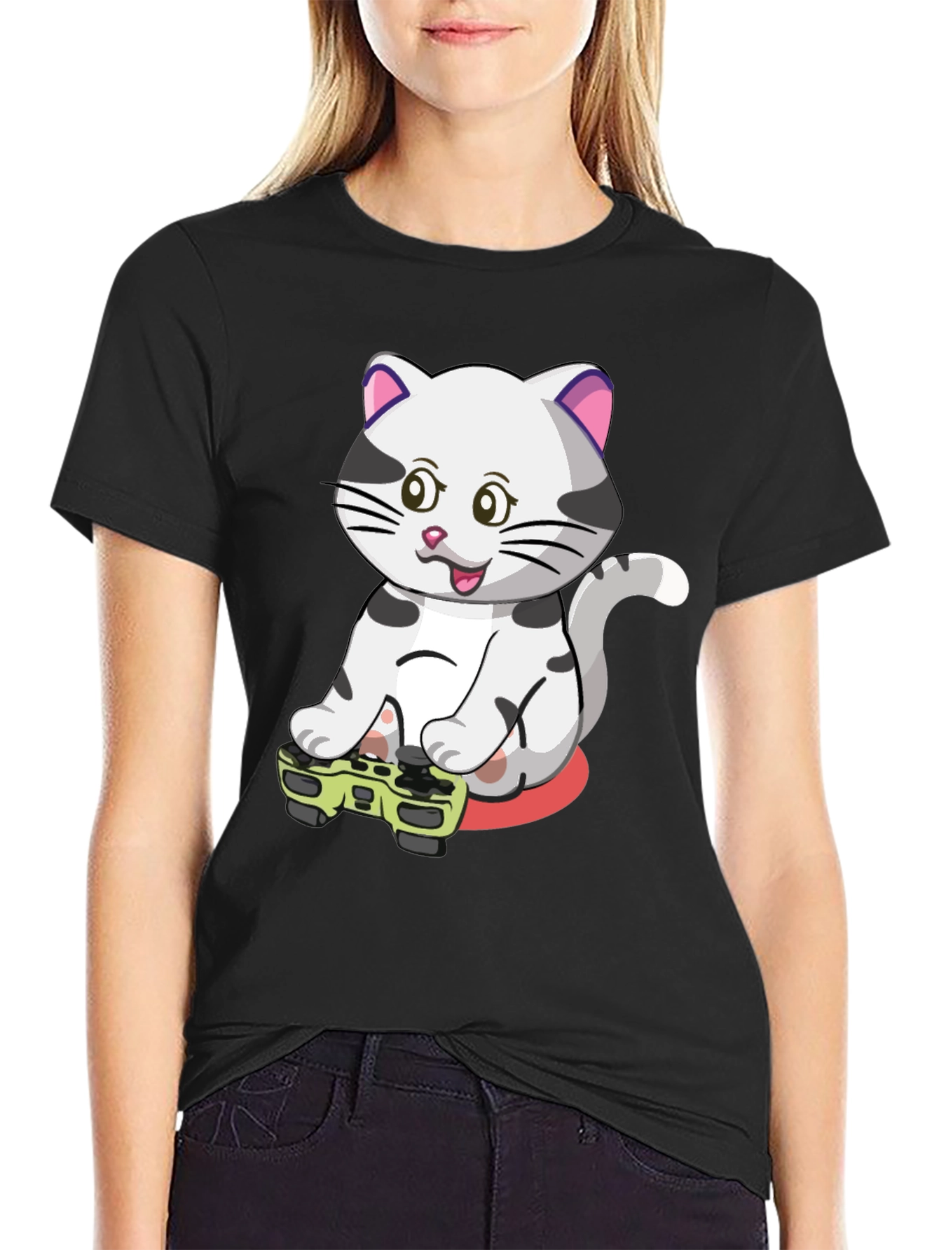 Gamer Cat Graphic Tee - Black Cotton T-Shirt