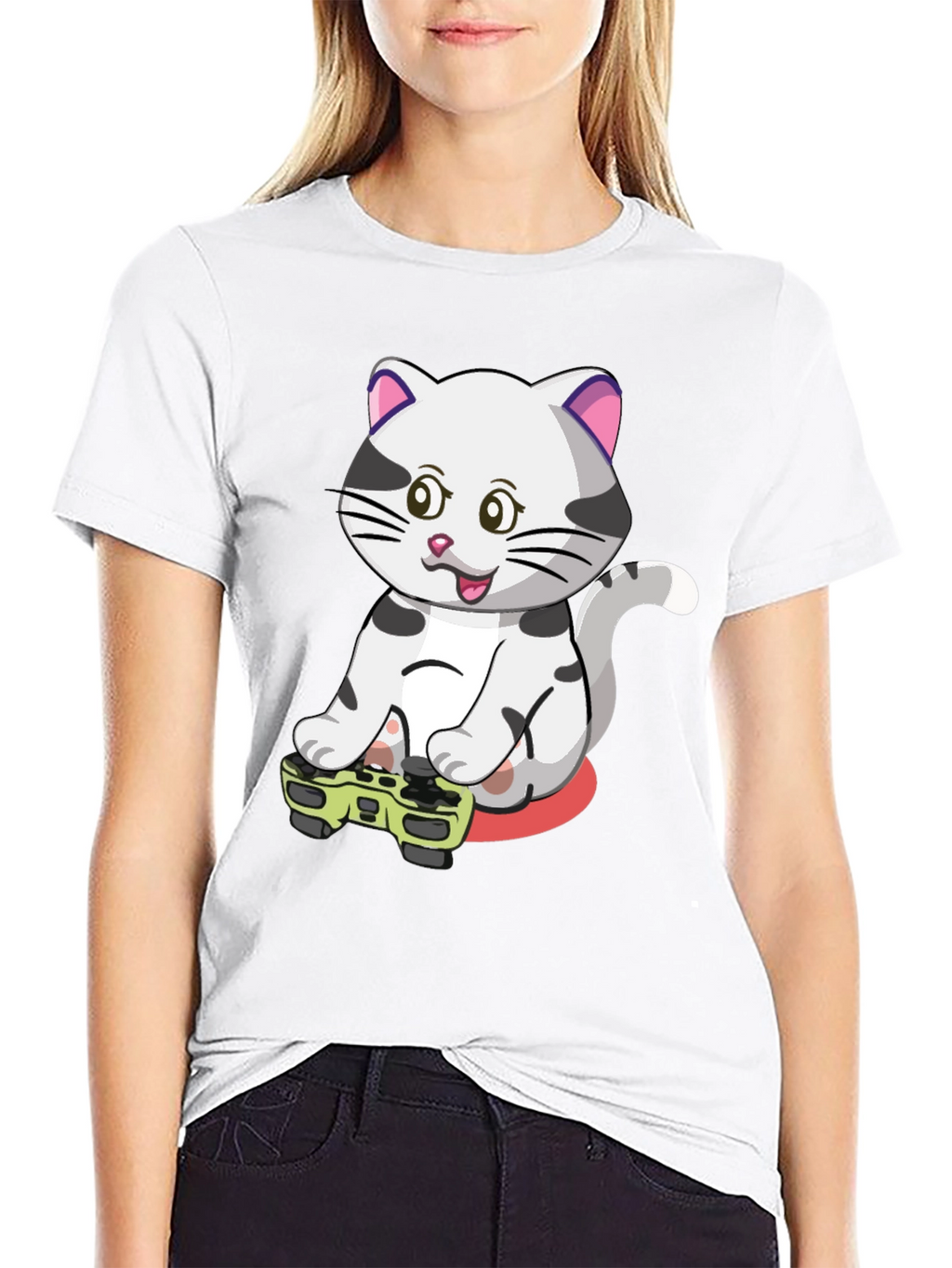 Gamer Cat Graphic Tee - Black Cotton T-Shirt