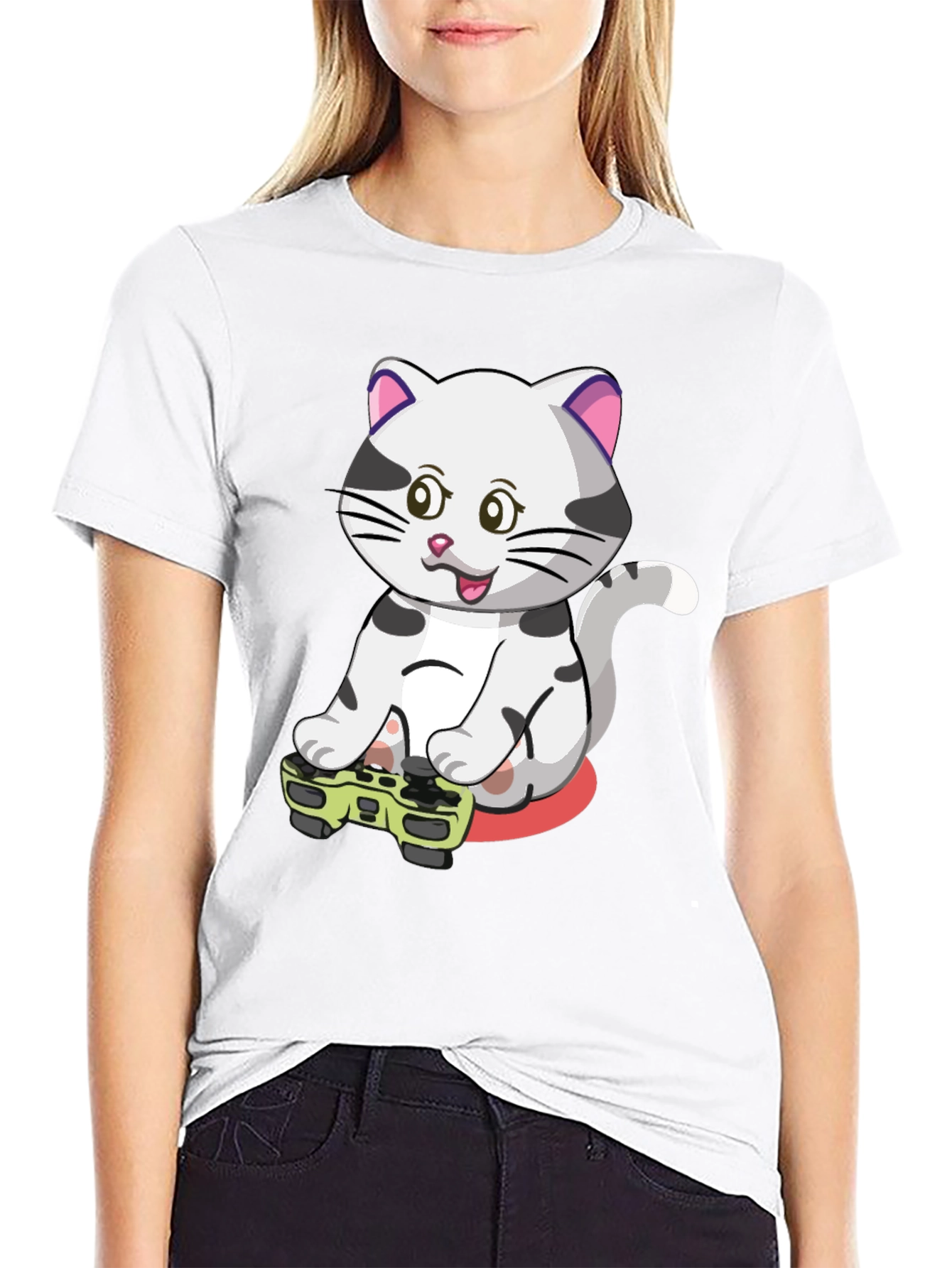 Gamer Cat Graphic Tee - Black Cotton T-Shirt