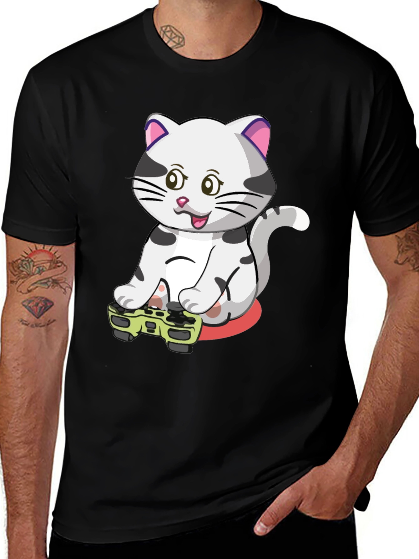 Gamer Cat Graphic Tee - Black Cotton T-Shirt