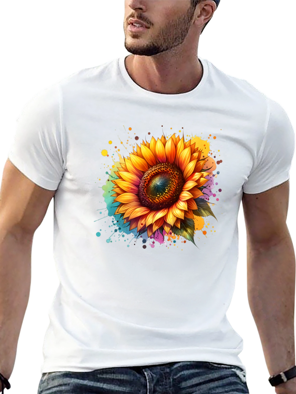 Sunflower Splash Black T-Shirt - Vibrant Floral Design
