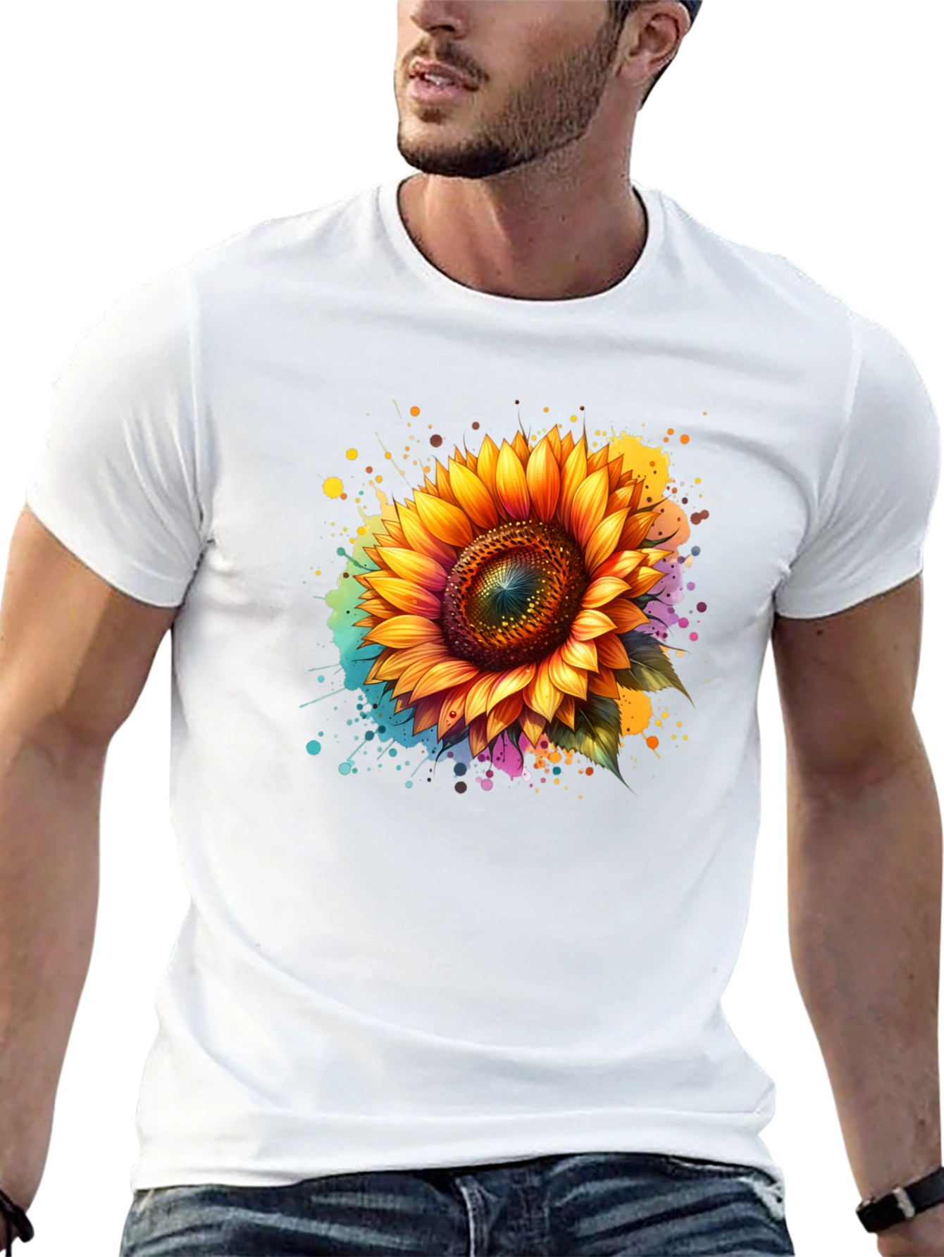 Sunflower Splash Black T-Shirt - Vibrant Floral Design