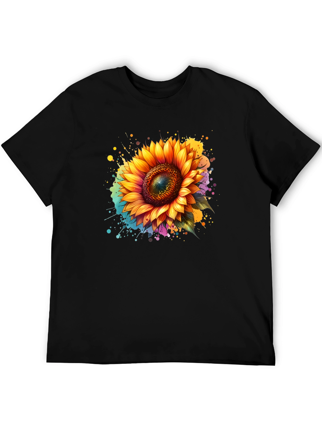 Sunflower Splash Black T-Shirt - Vibrant Floral Design