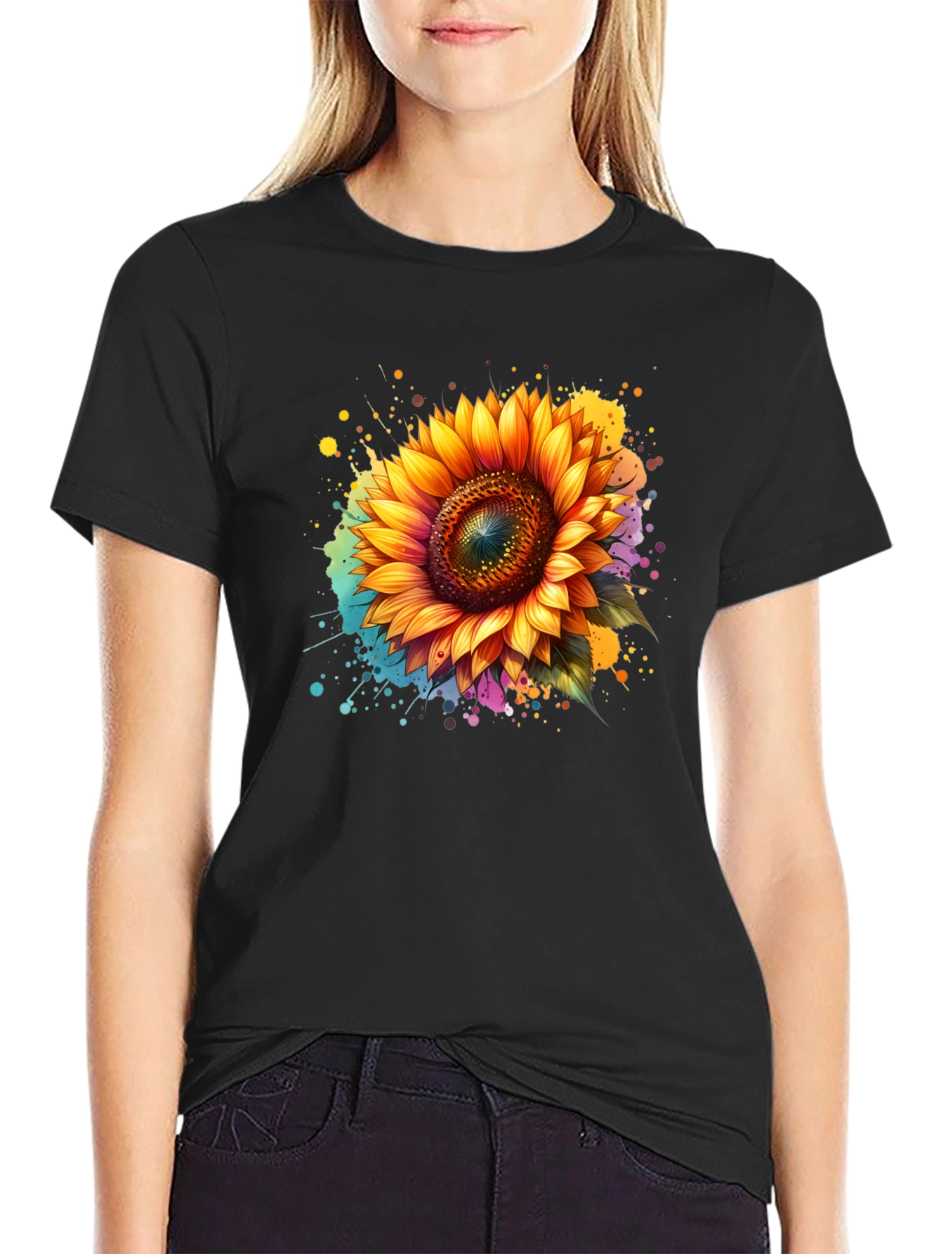 Sunflower Splash Black T-Shirt - Vibrant Floral Design