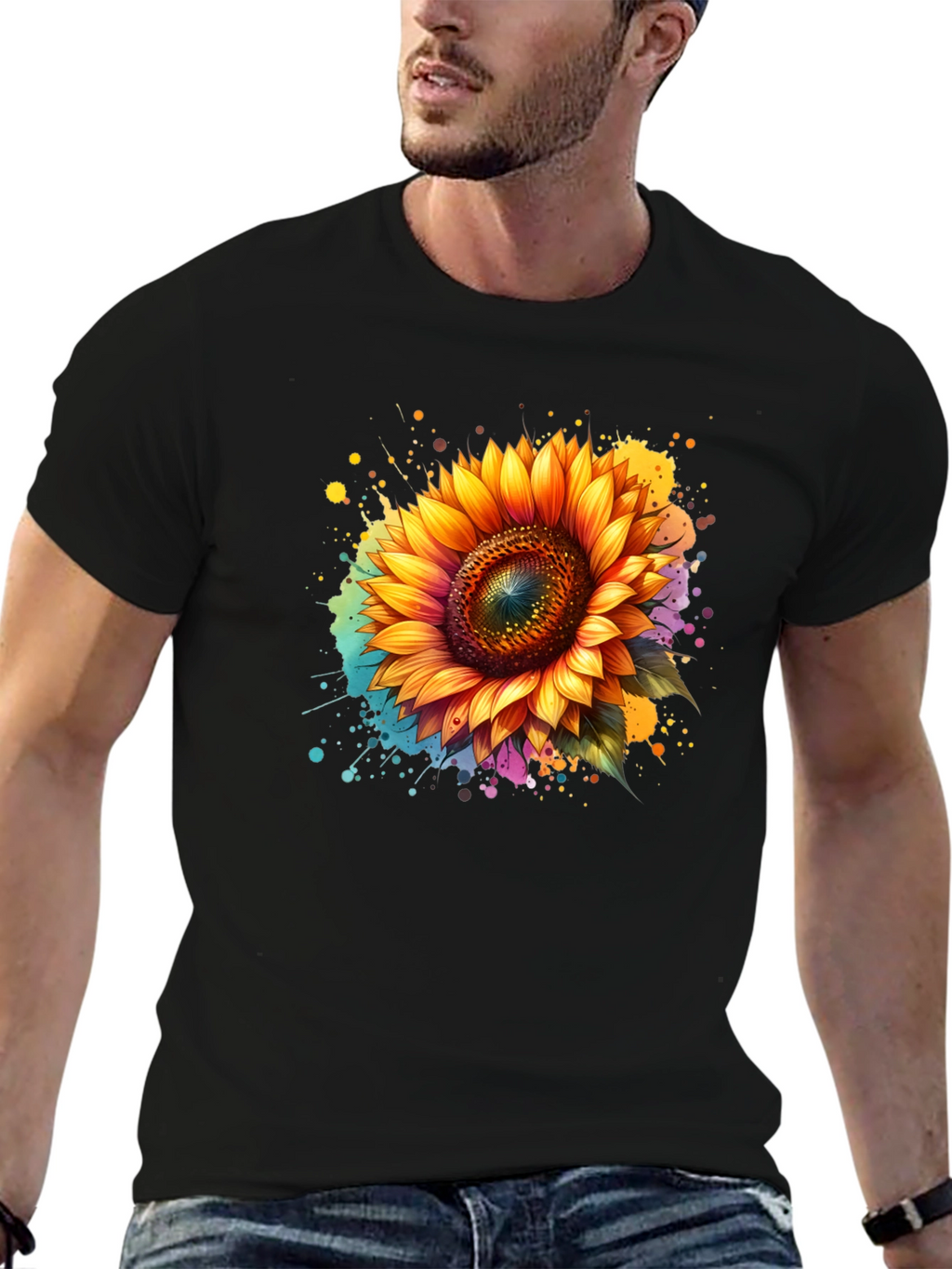 Sunflower Splash Black T-Shirt - Vibrant Floral Design