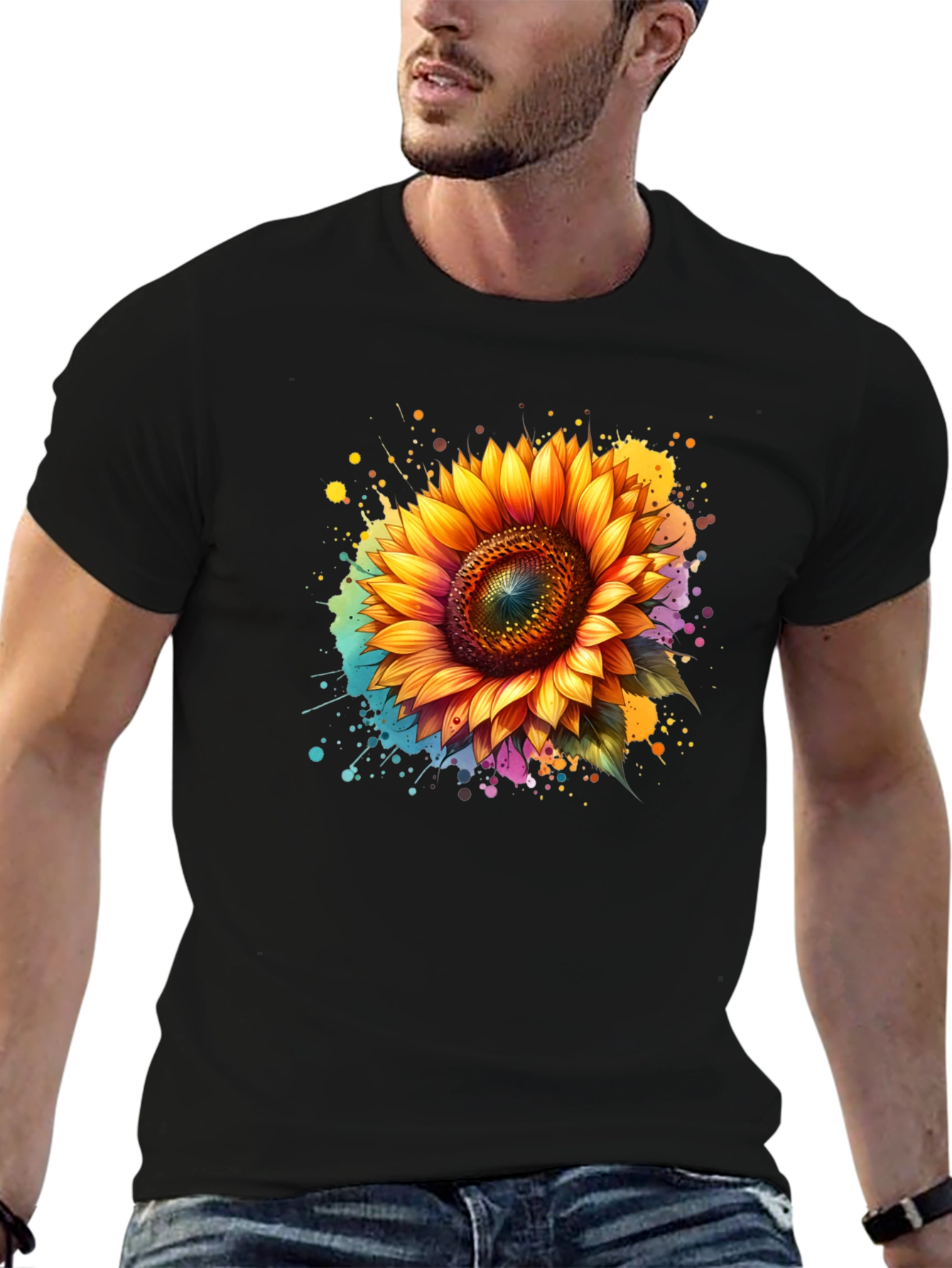Sunflower Splash Black T-Shirt - Vibrant Floral Design