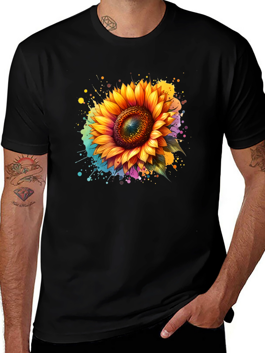 Sunflower Splash Black T-Shirt - Vibrant Floral Design