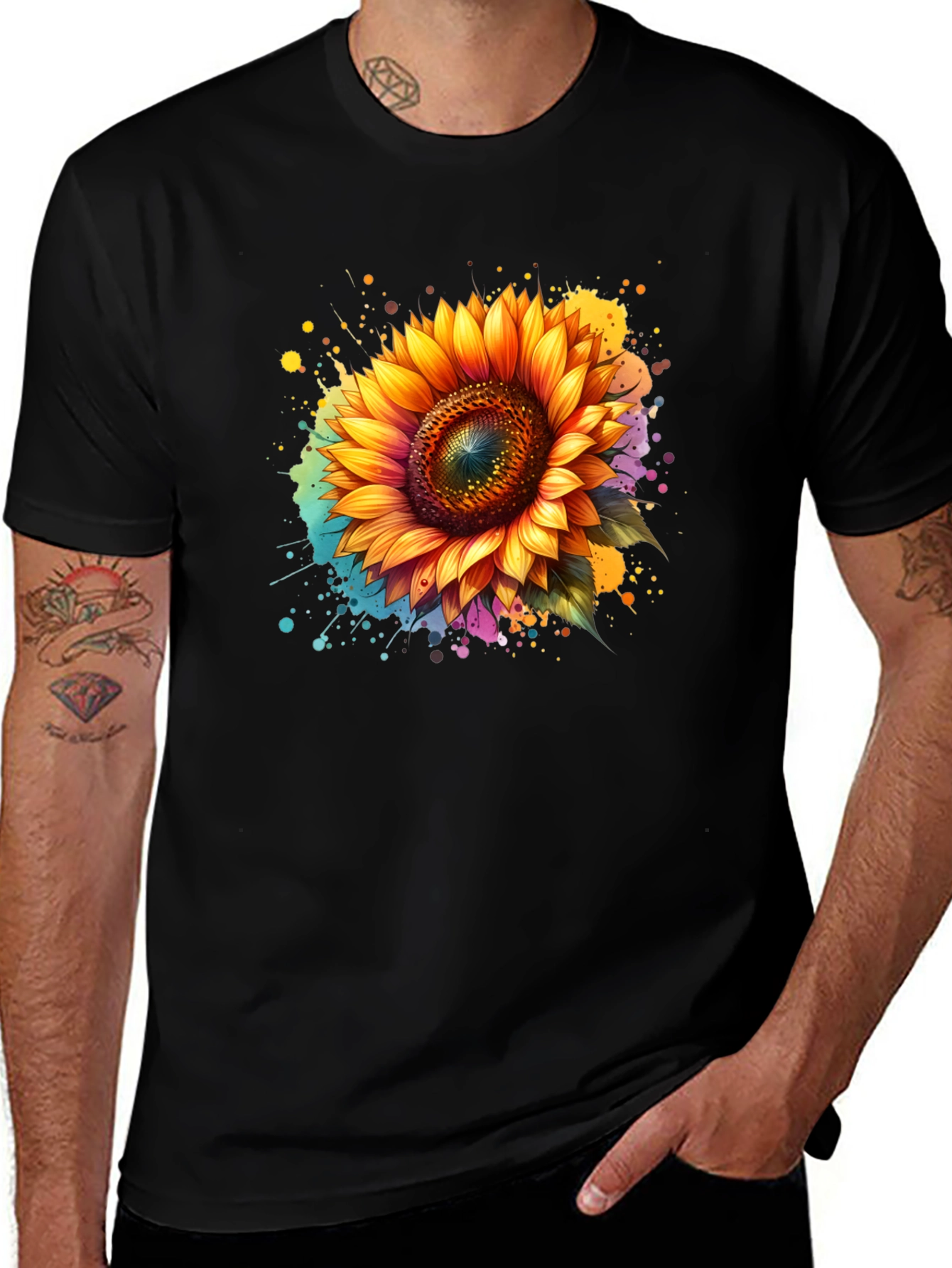 Sunflower Splash Black T-Shirt - Vibrant Floral Design