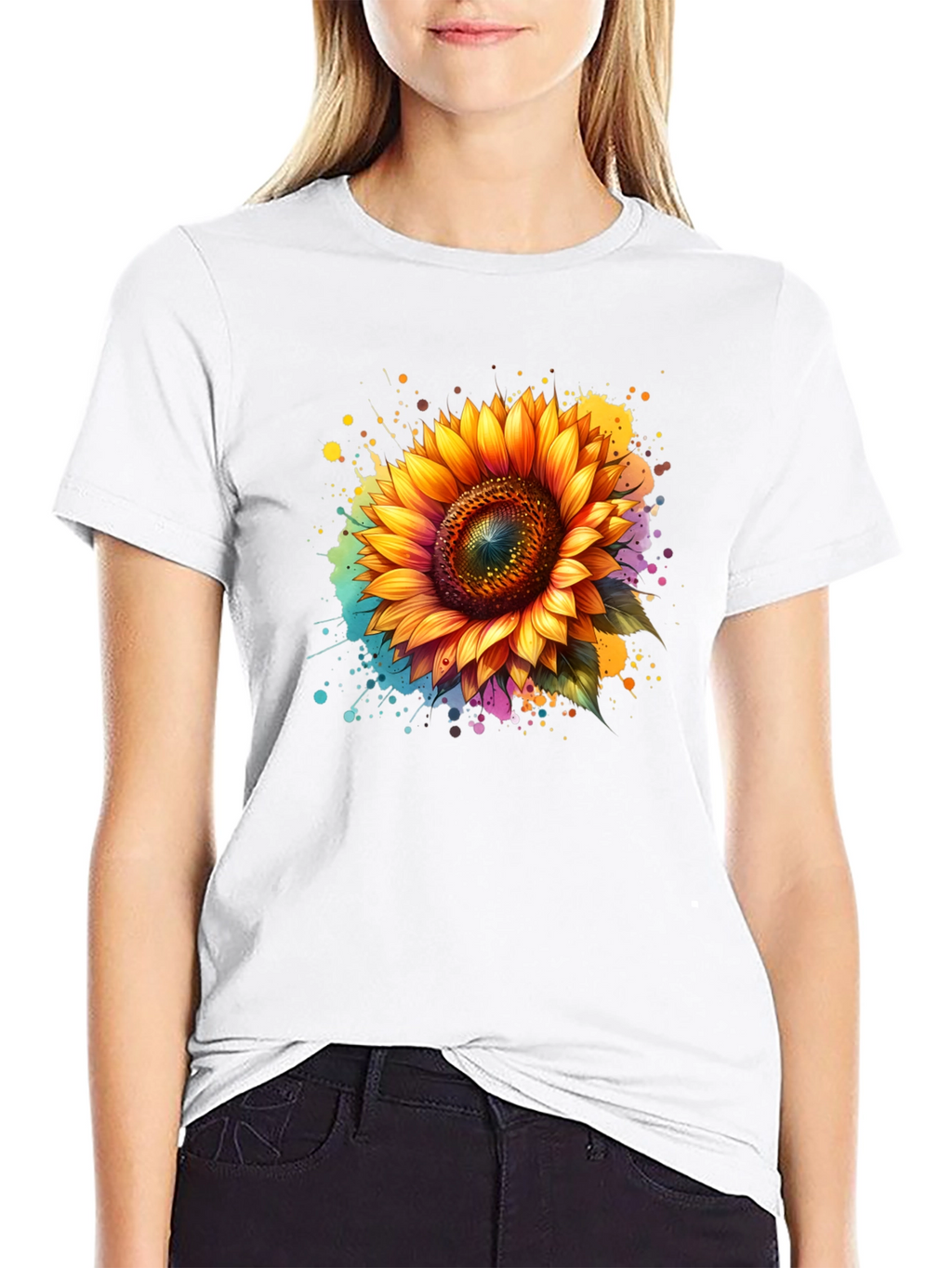 Sunflower Splash Black T-Shirt - Vibrant Floral Design