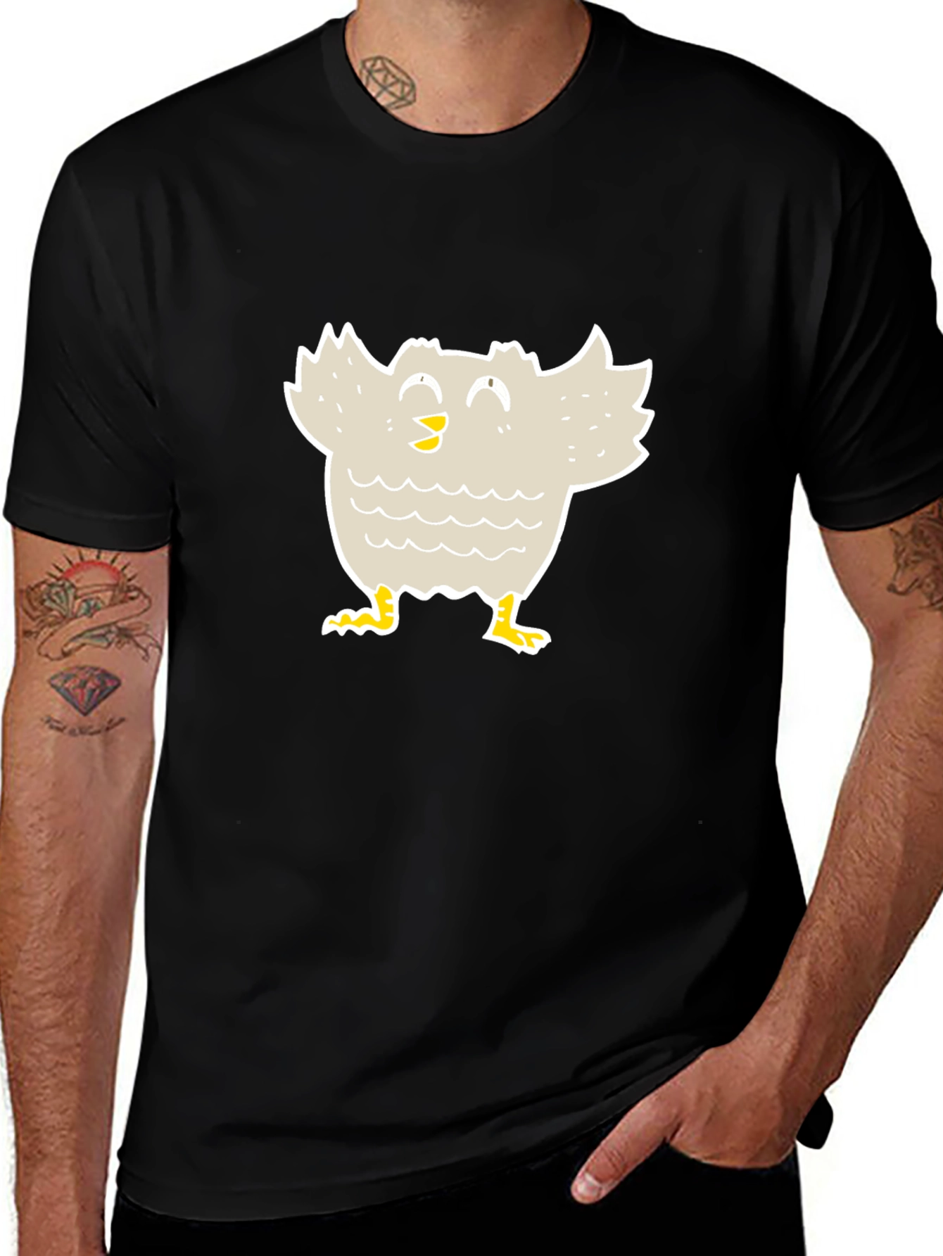 Cartoon Bird Graphic Tee - Black Cotton T-Shirt