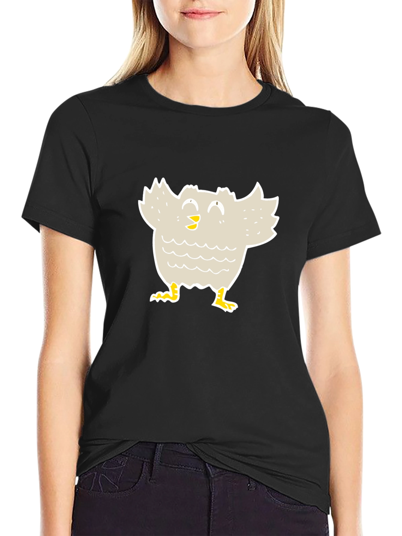 Cartoon Bird Graphic Tee - Black Cotton T-Shirt