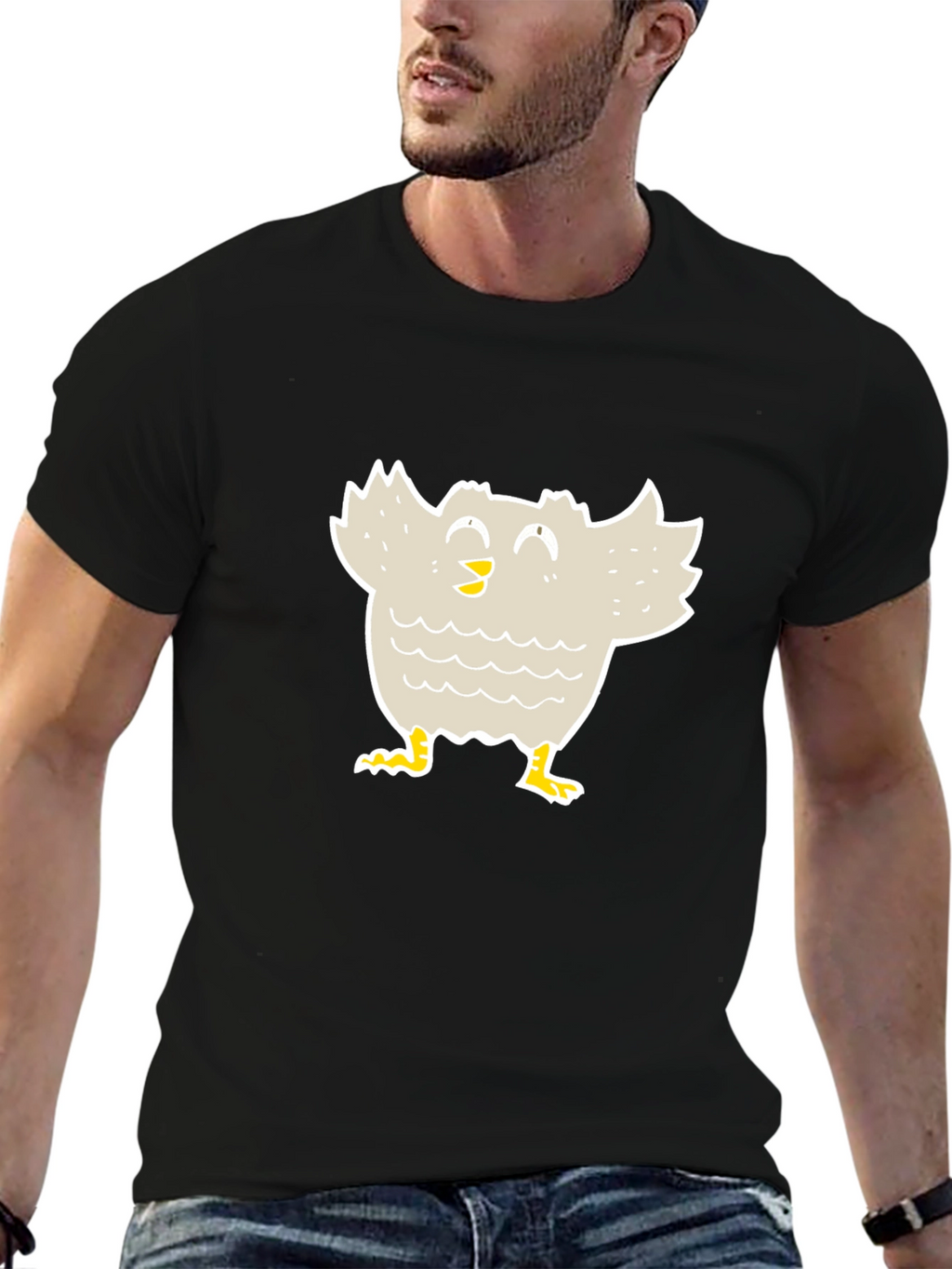 Cartoon Bird Graphic Tee - Black Cotton T-Shirt