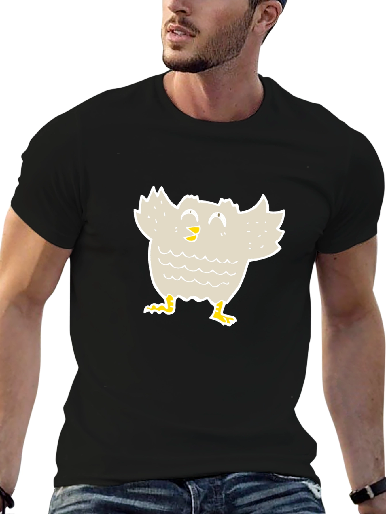 Cartoon Bird Graphic Tee - Black Cotton T-Shirt