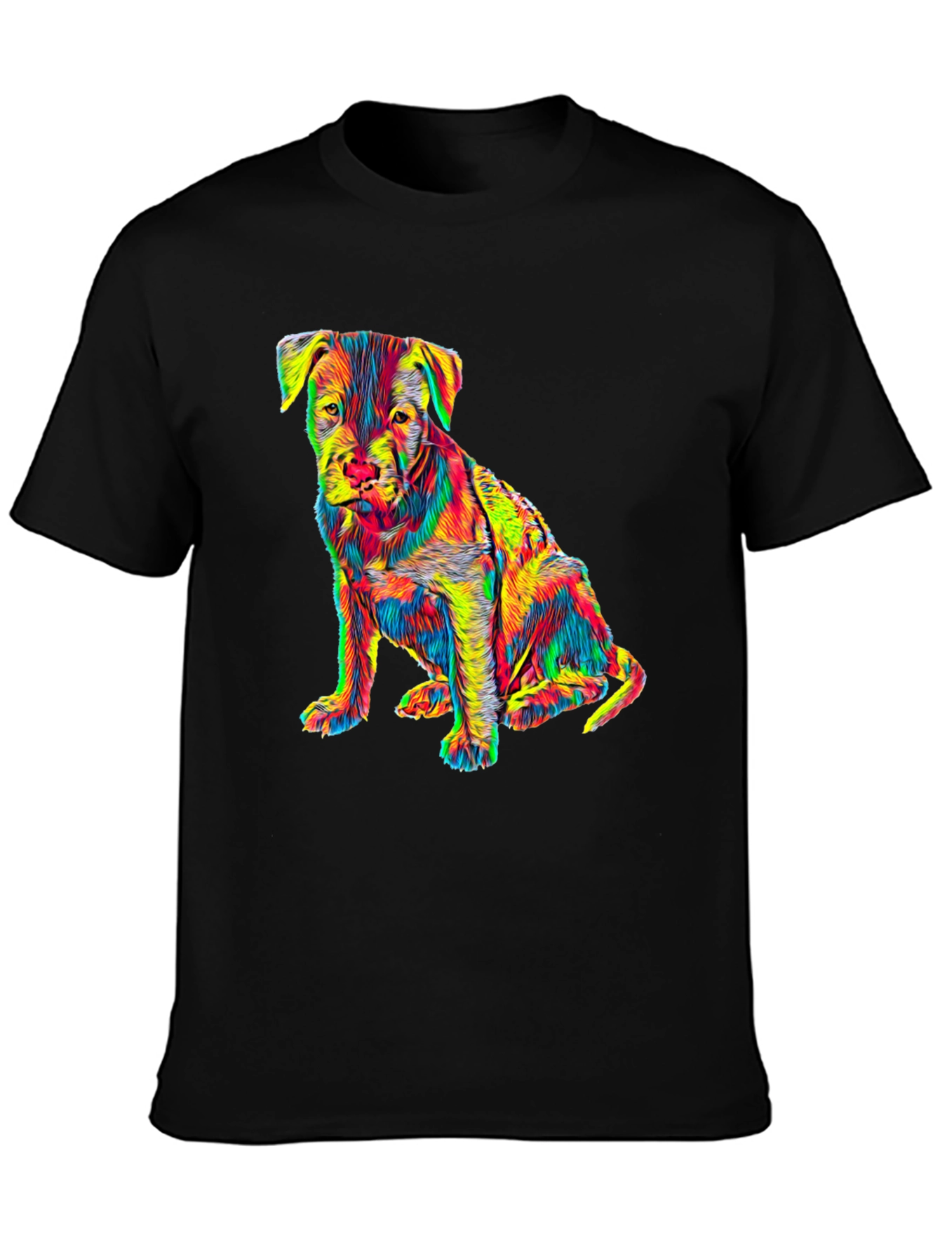 Colorful Puppy Dog Graphic Print Black T-Shirt
