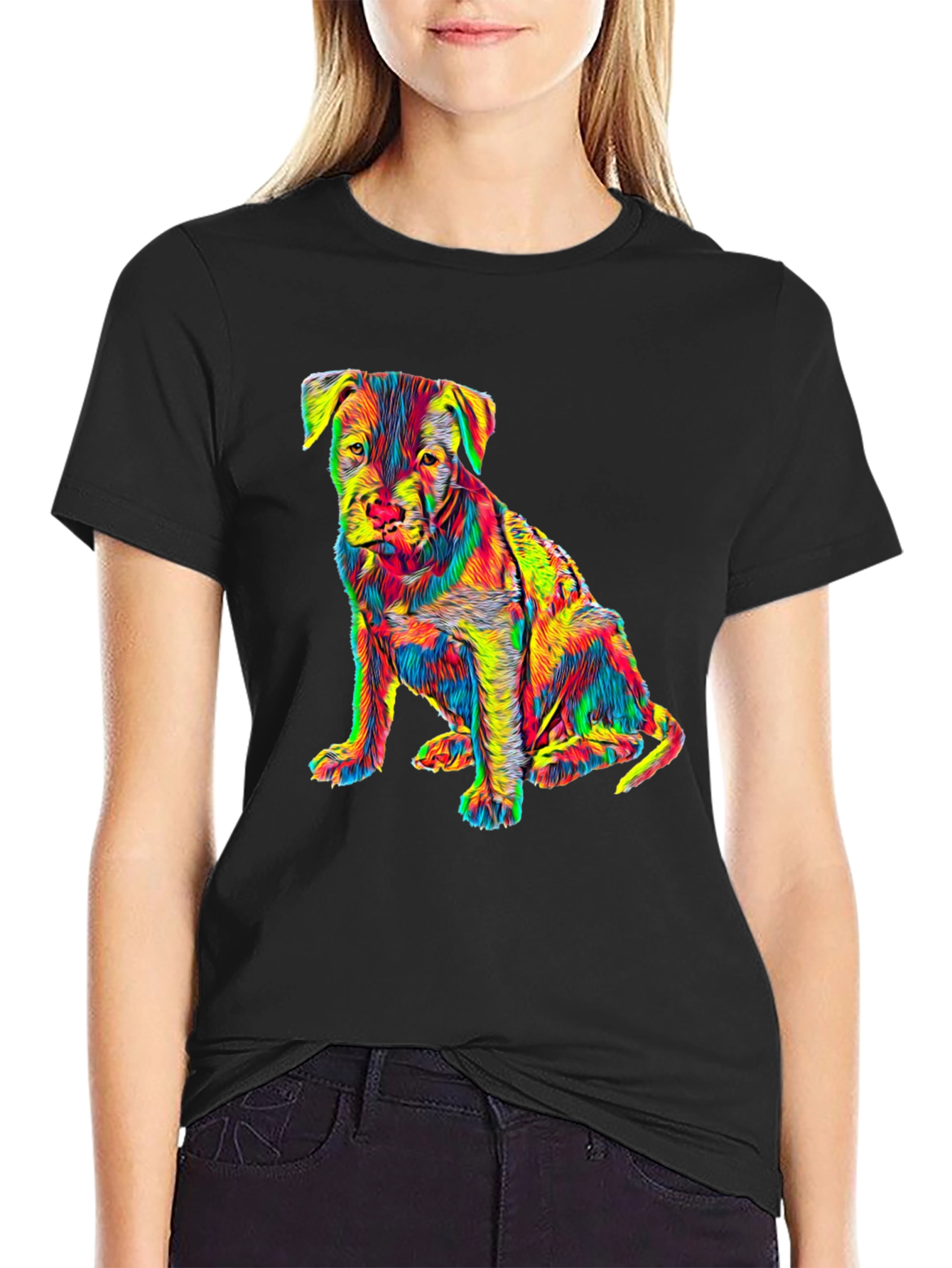 Colorful Puppy Dog Graphic Print Black T-Shirt