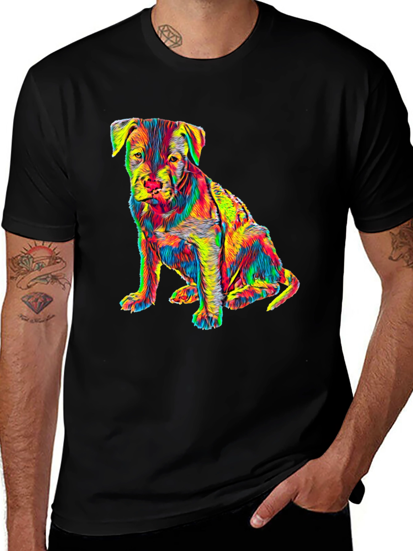 Colorful Puppy Dog Graphic Print Black T-Shirt