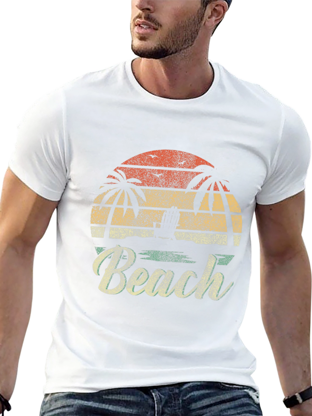 Retro Beach T-Shirt - Palm Tree Sunset Design