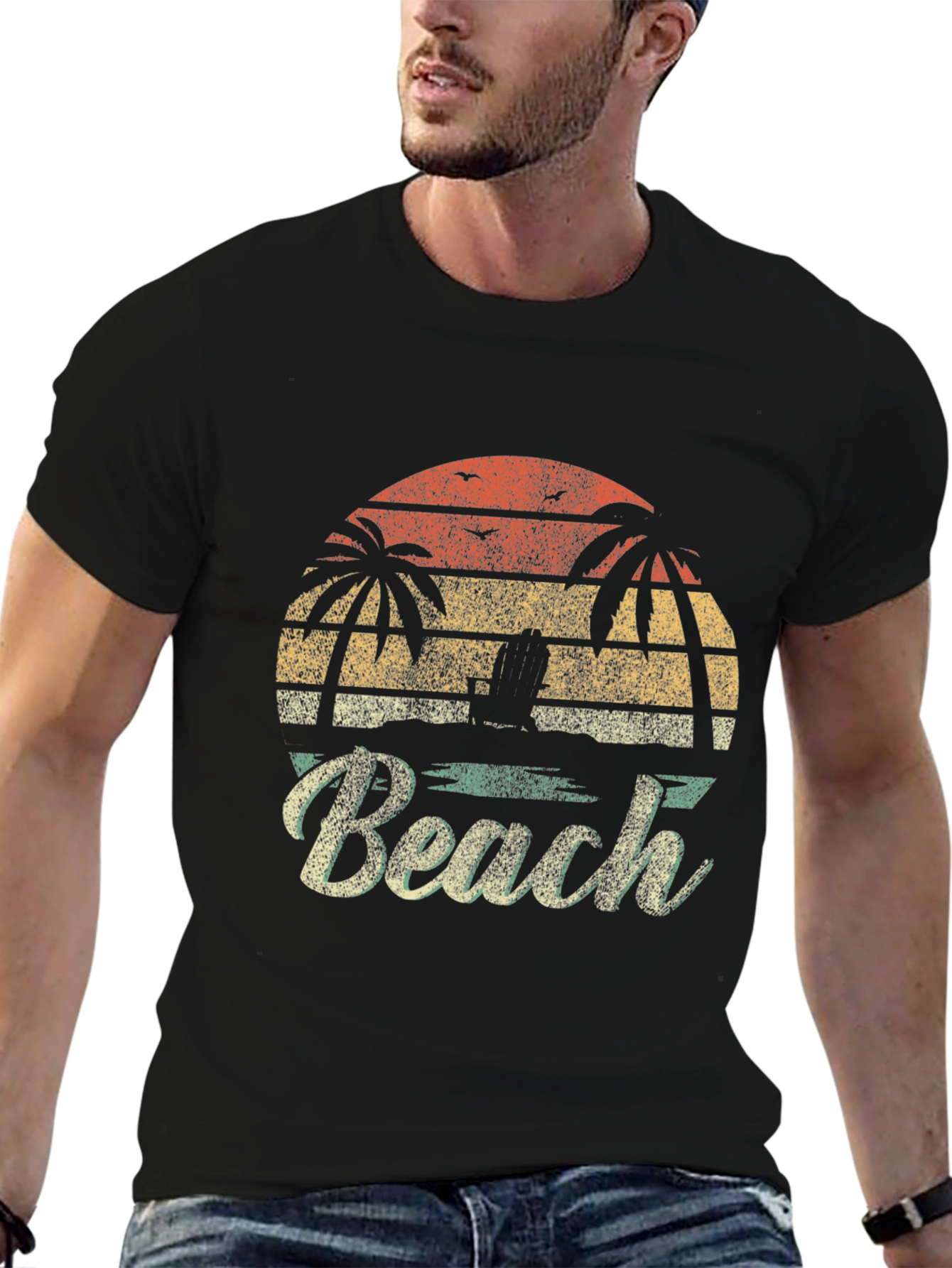 Retro Beach T-Shirt - Palm Tree Sunset Design