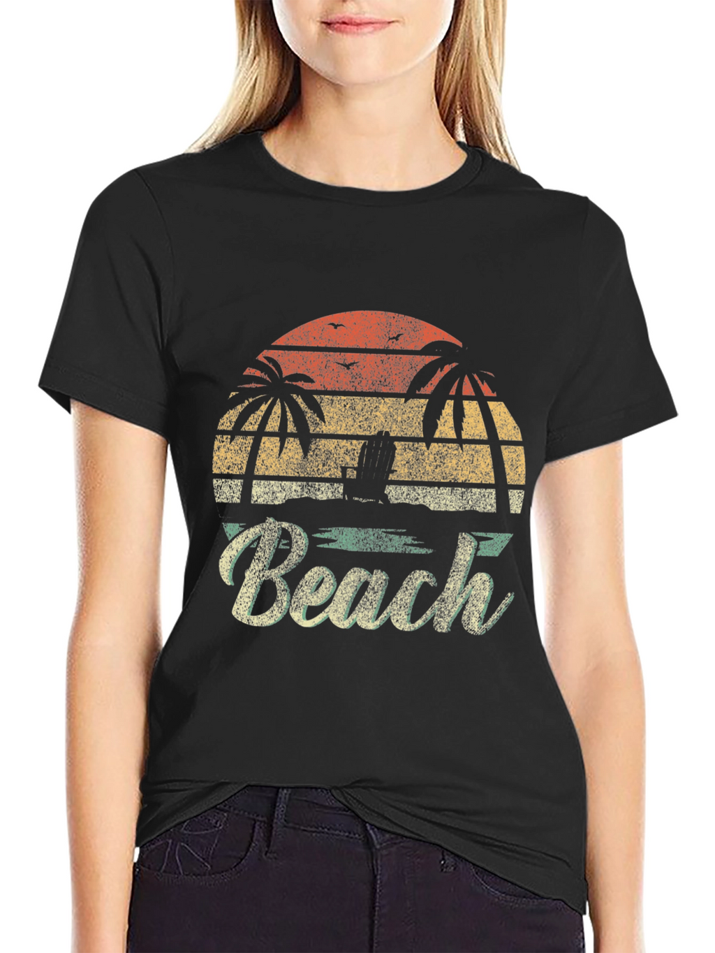 Retro Beach T-Shirt - Palm Tree Sunset Design