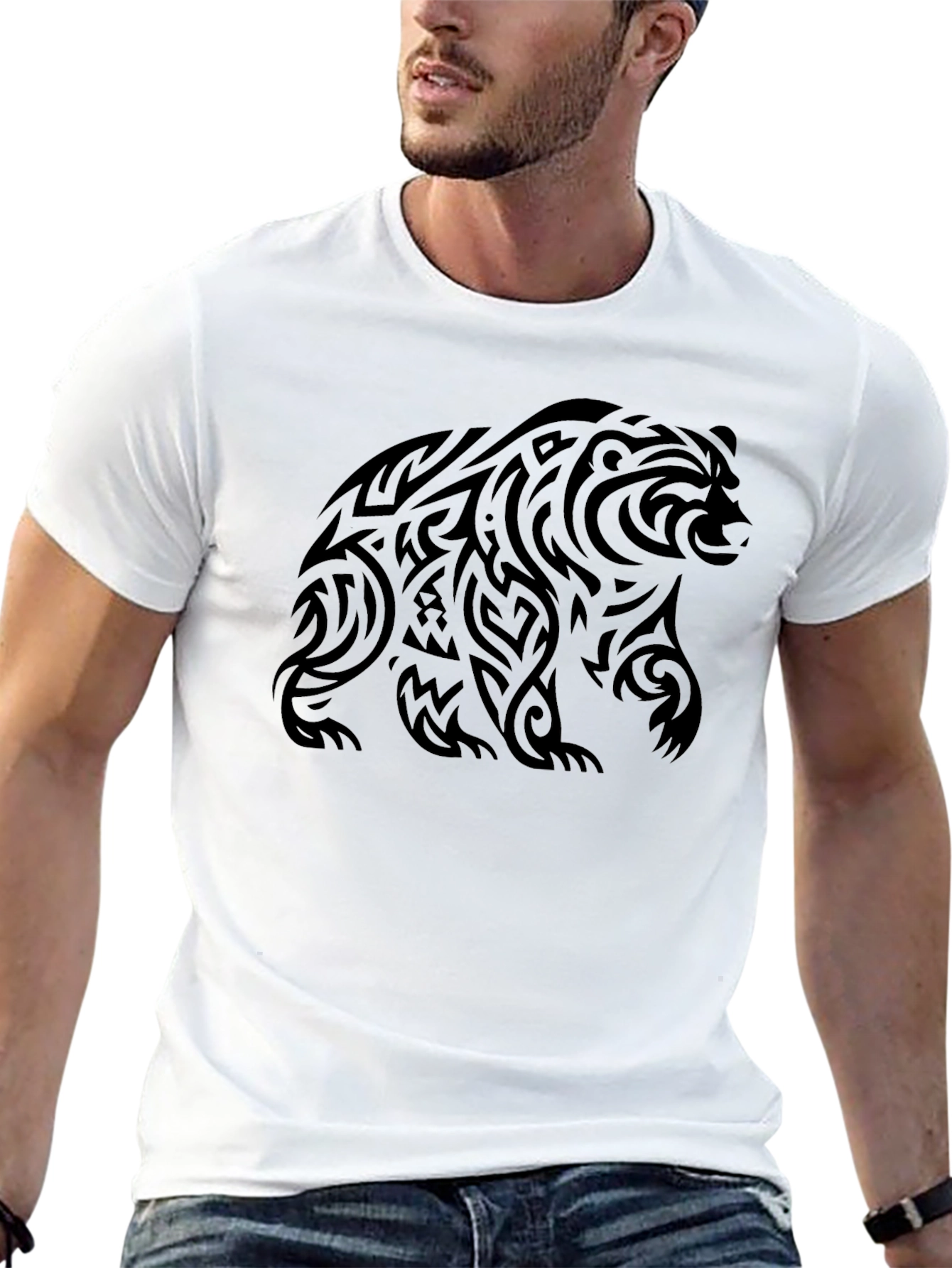 Tribal Bear Graphic Tee - Black Cotton Casual Shirt