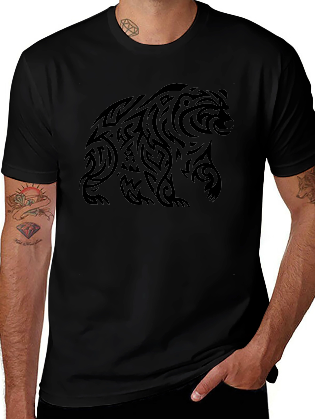 Tribal Bear Graphic Tee - Black Cotton Casual Shirt