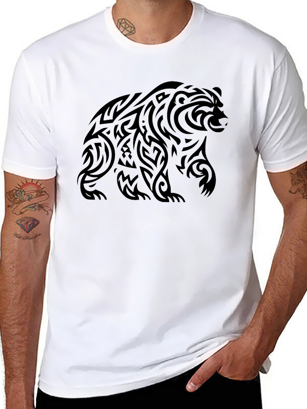 Tribal Bear Graphic Tee - Black Cotton Casual Shirt