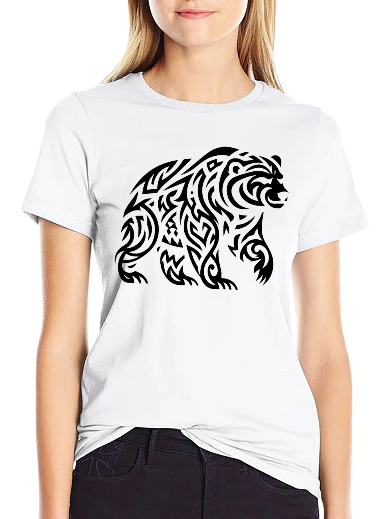 Tribal Bear Graphic Tee - Black Cotton Casual Shirt