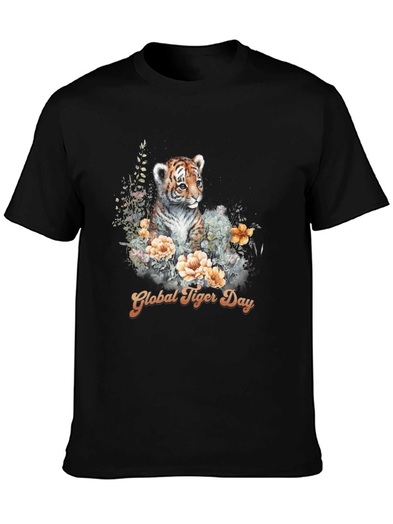 Global Tiger Day T-Shirt: Cute Cub & Floral Design