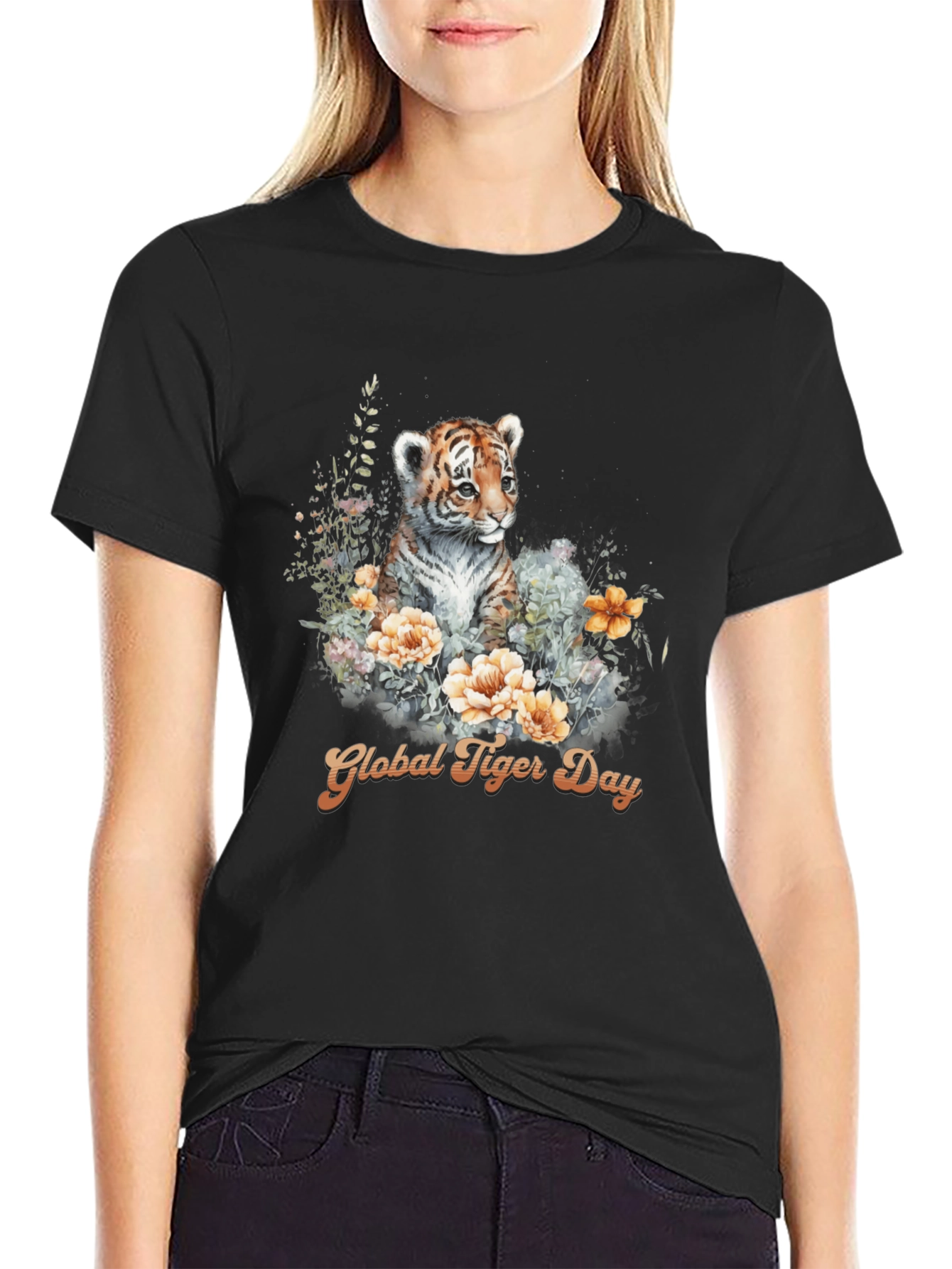 Global Tiger Day T-Shirt: Cute Cub & Floral Design