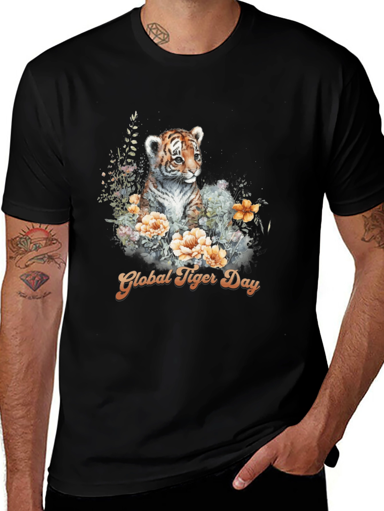 Global Tiger Day T-Shirt: Cute Cub & Floral Design