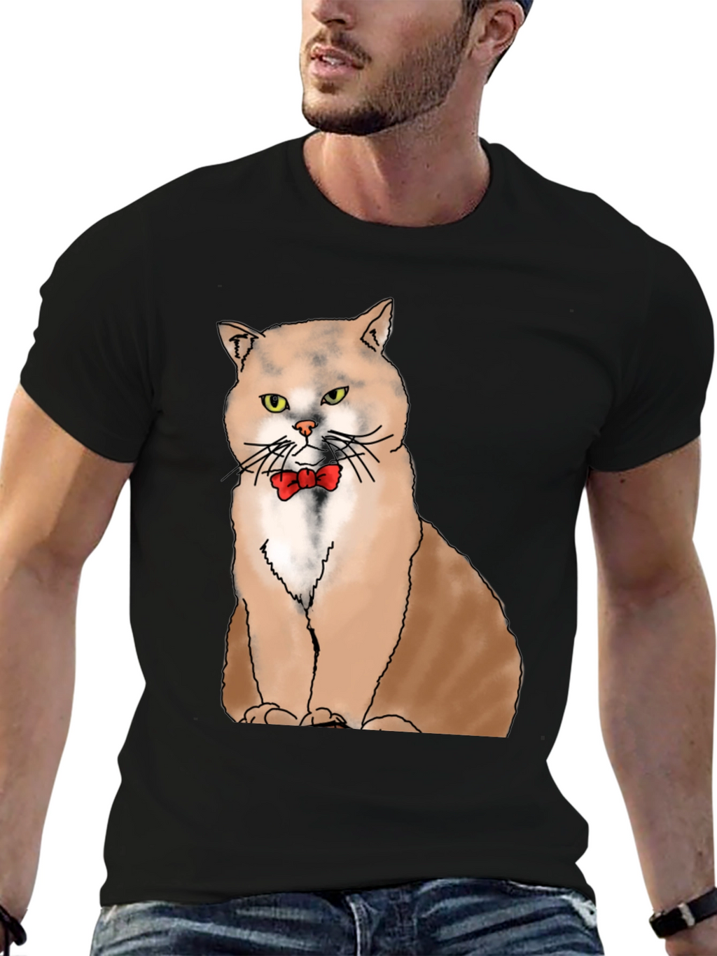 Cat with Bowtie Graphic T-Shirt - Black