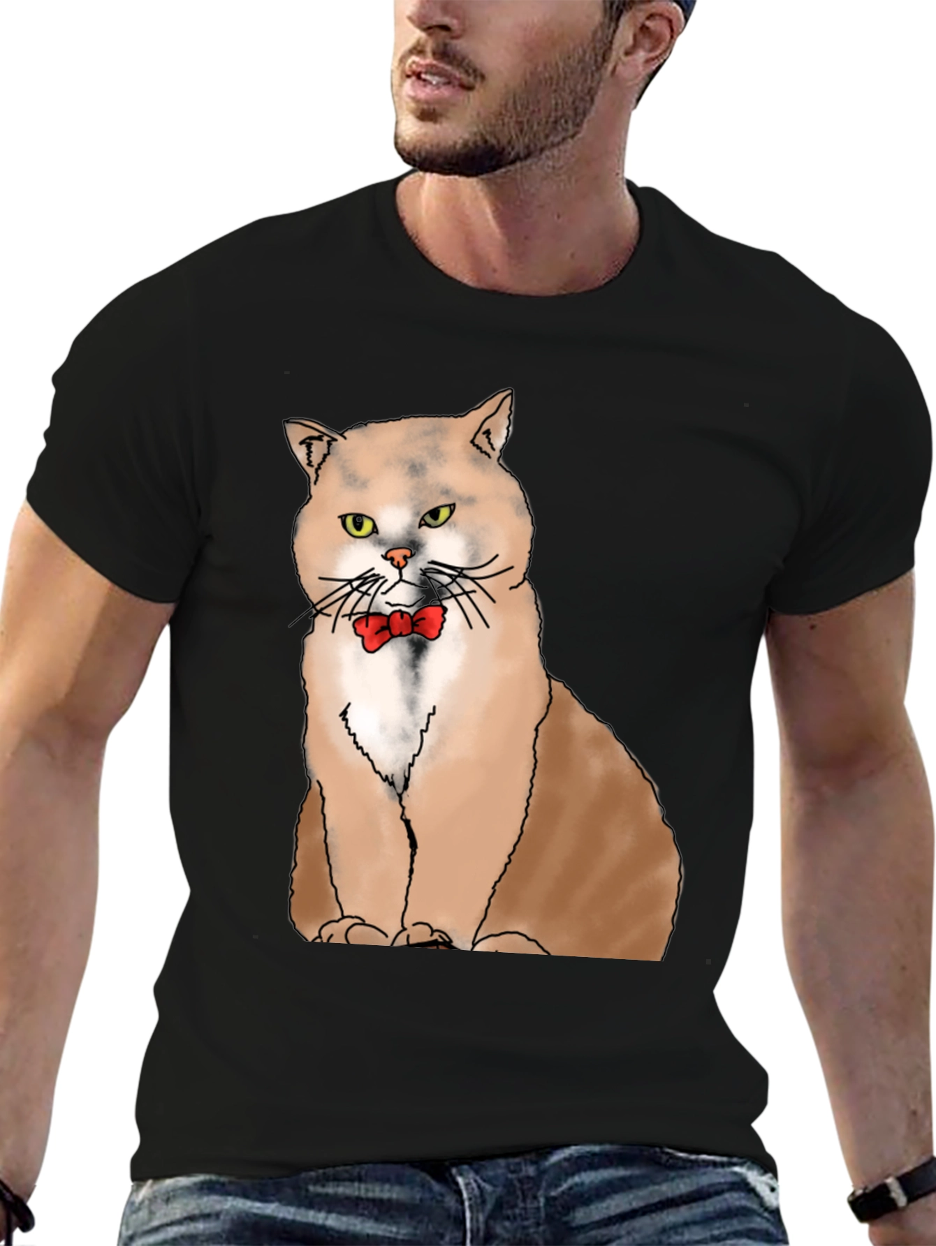 Cat with Bowtie Graphic T-Shirt - Black