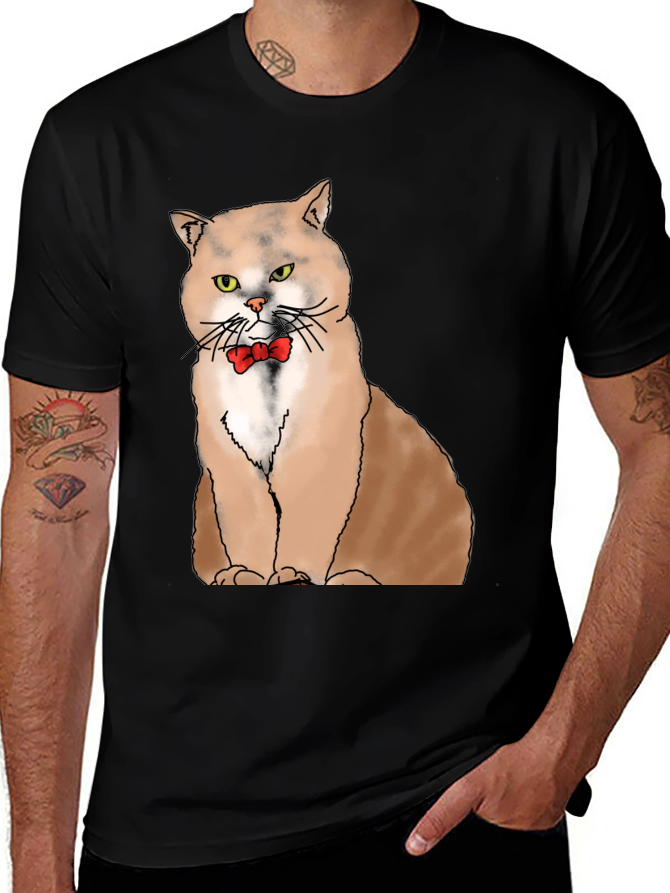 Cat with Bowtie Graphic T-Shirt - Black