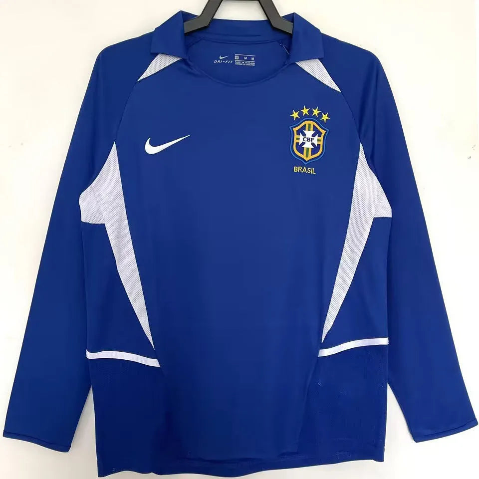2002 Brazil Away Blue Retro Long Sleeve Soccer Jersey Front