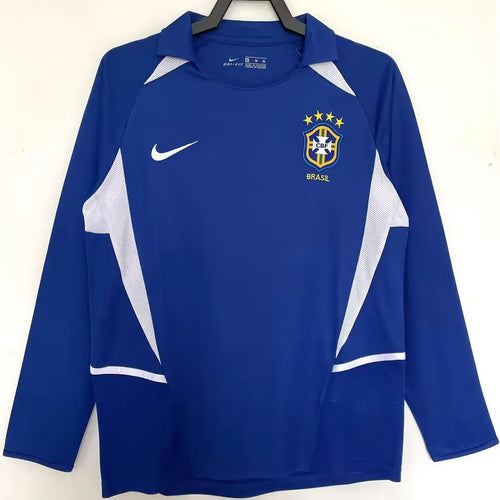 2002 Brazil Away Blue Retro Long Sleeve Soccer Jersey Front
