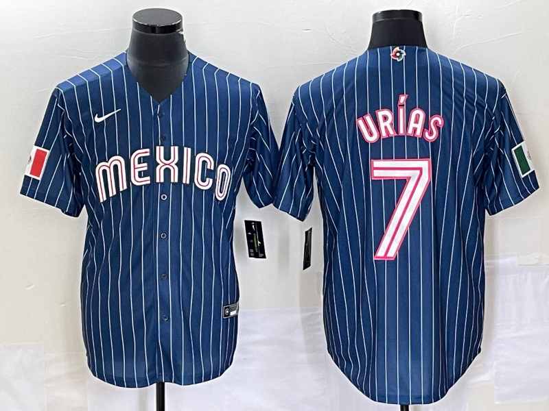 Men's 2023 World Baseball Classic #7 Julio Urias Mexico Navy Jerseys