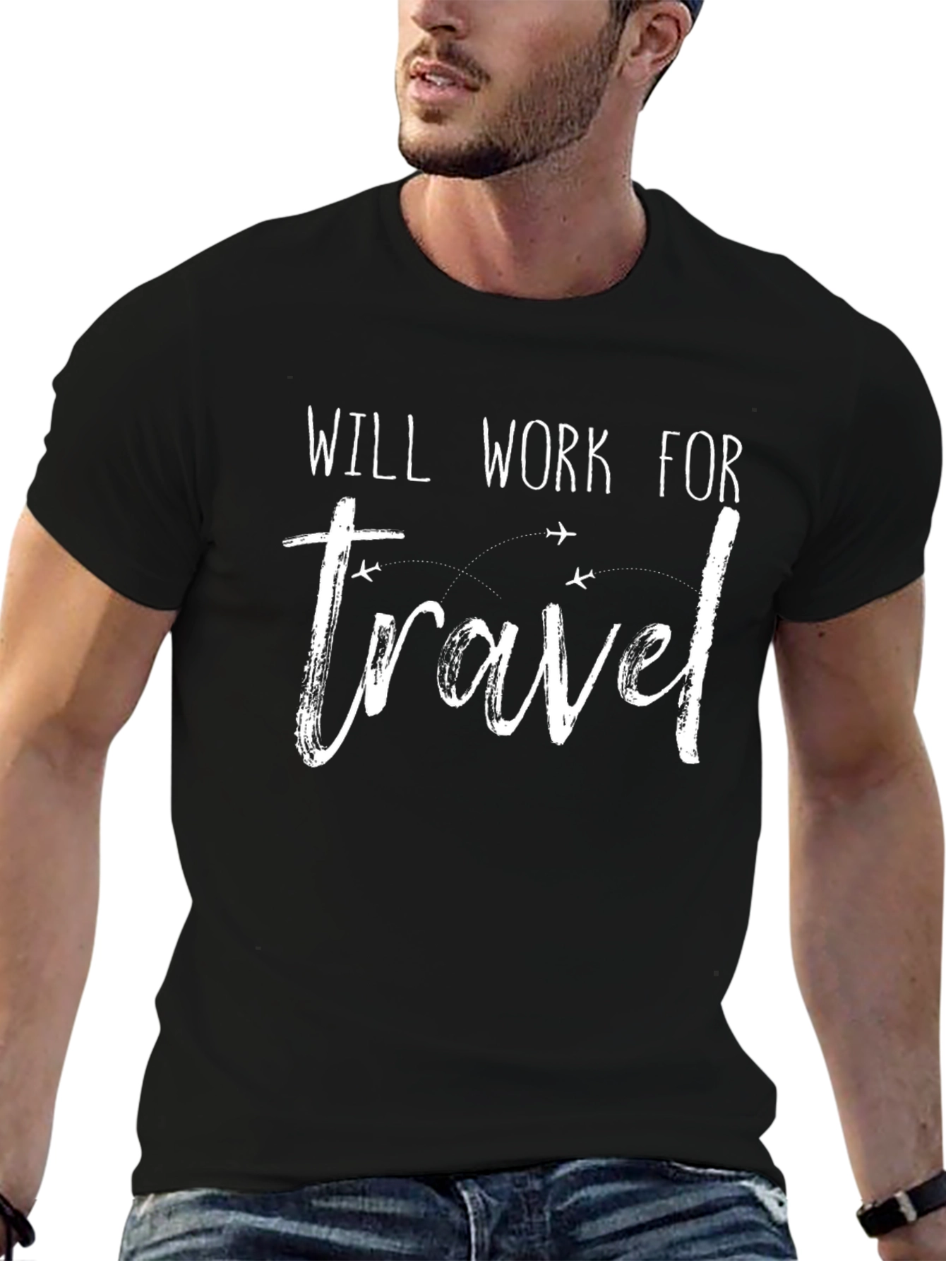 Will Work For Travel Black T-Shirt