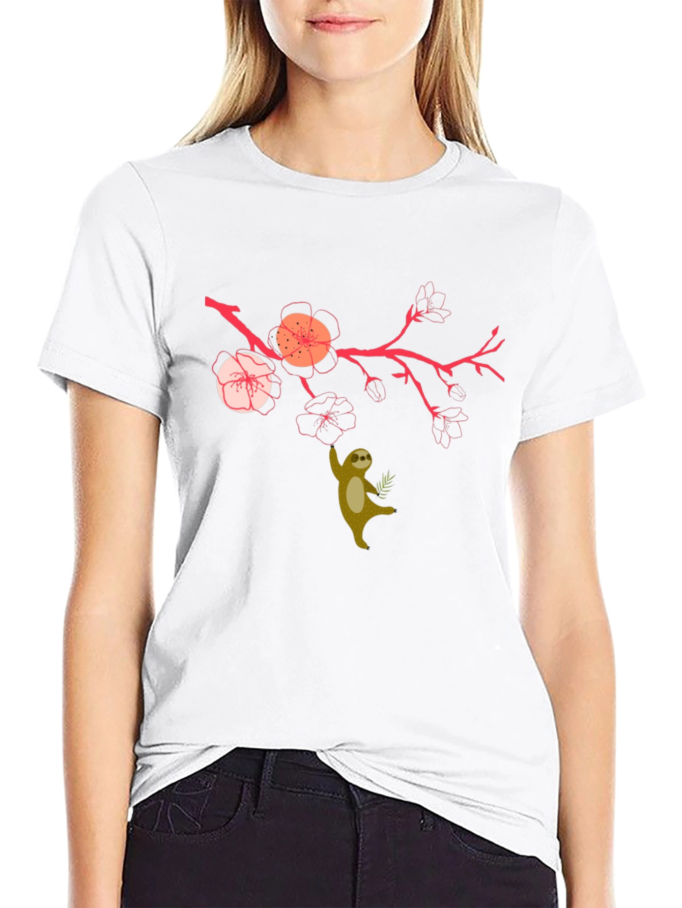 Sloth & Cherry Blossom Graphic Tee - Relaxed Fit