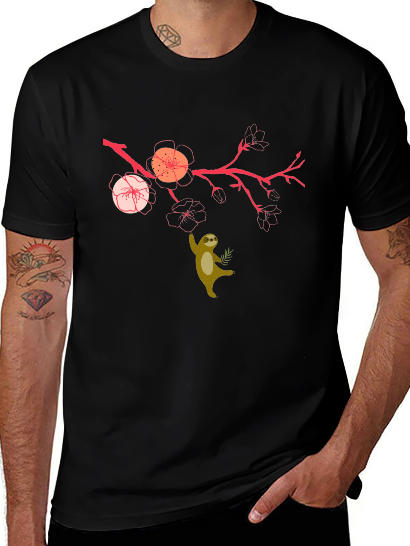 Sloth & Cherry Blossom Graphic Tee - Relaxed Fit
