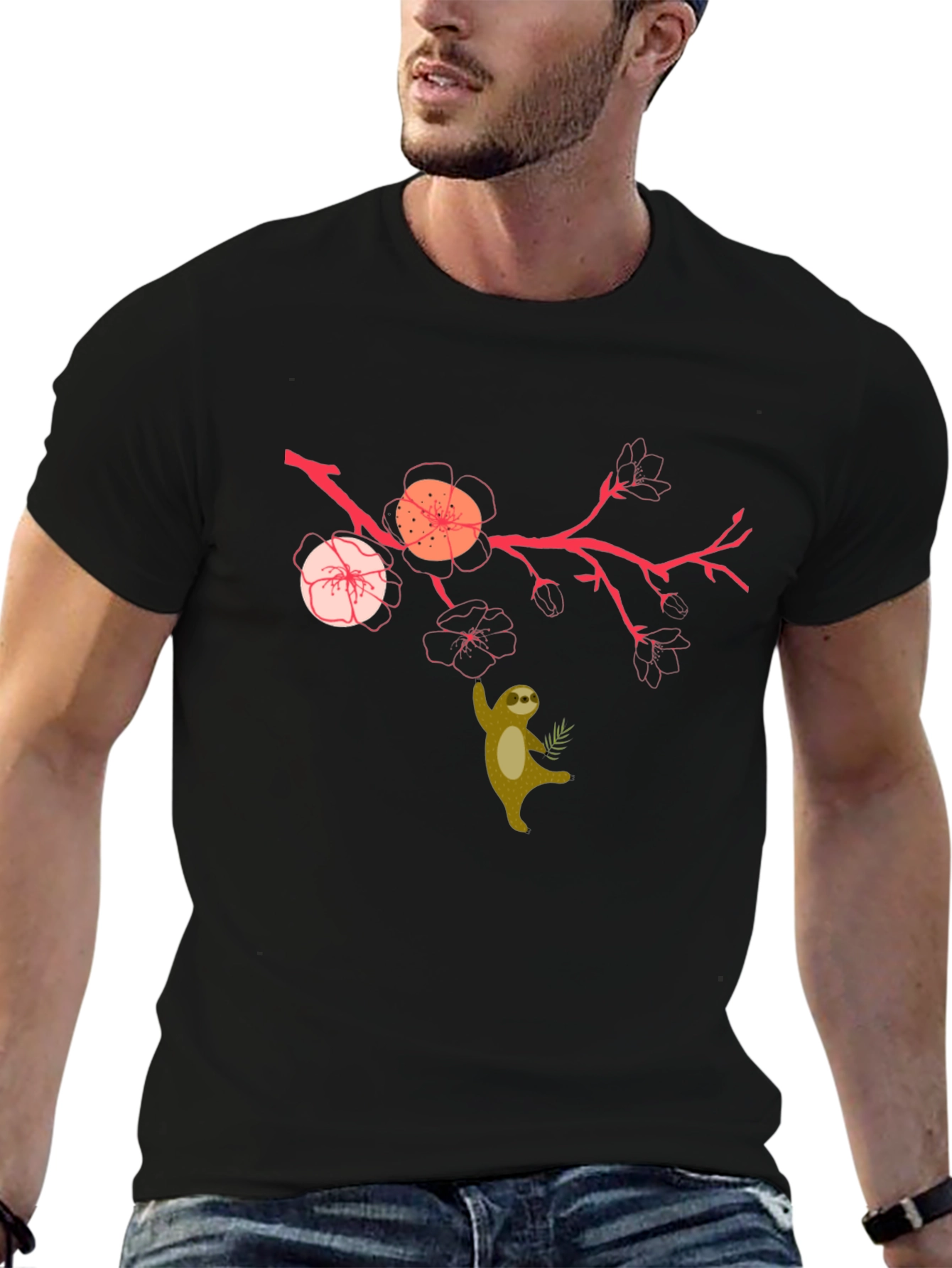 Sloth & Cherry Blossom Graphic Tee - Relaxed Fit