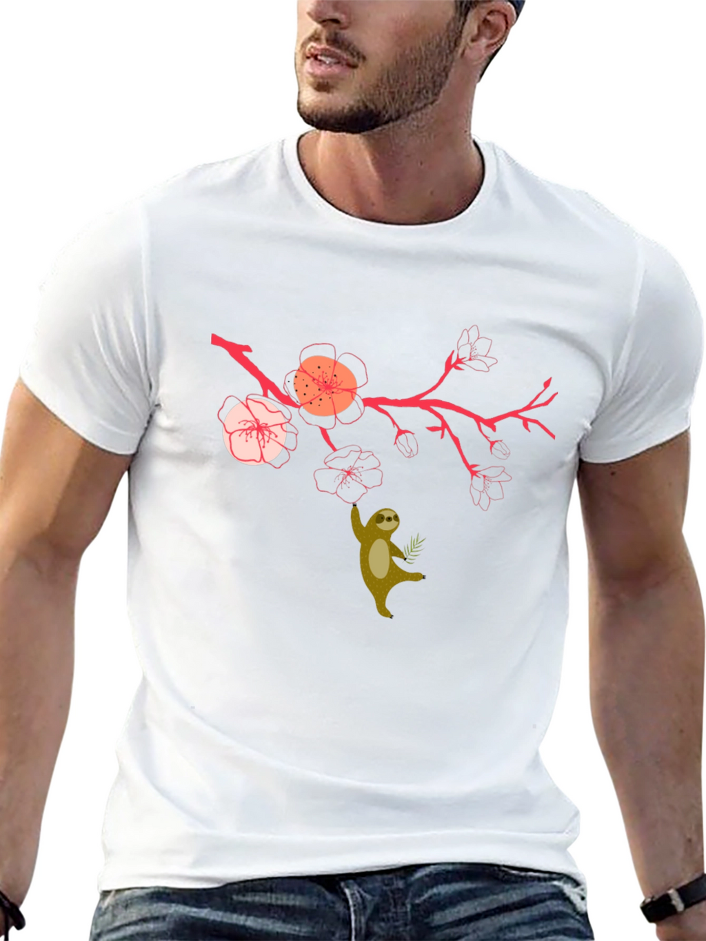 Sloth & Cherry Blossom Graphic Tee - Relaxed Fit
