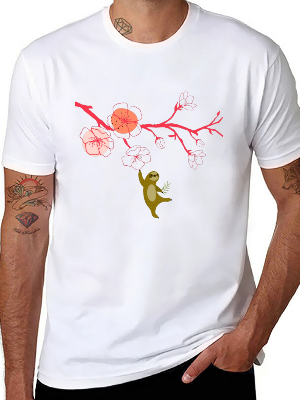 Sloth & Cherry Blossom Graphic Tee - Relaxed Fit
